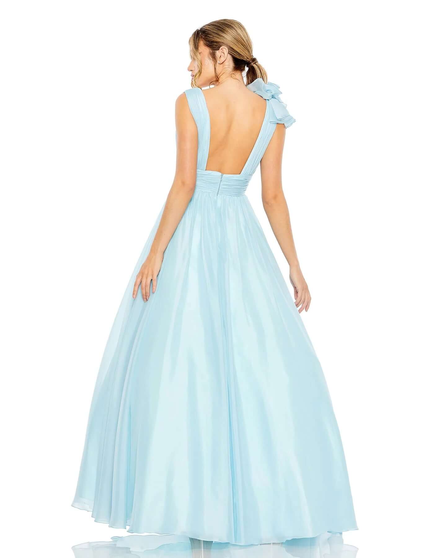 Mac Duggal Style#48856, Ruffle Detailed Evening Gown, A line,Ball Gown,Floor Length,Open Back,Ruffles,sleeveless,V-Neck, $650.00