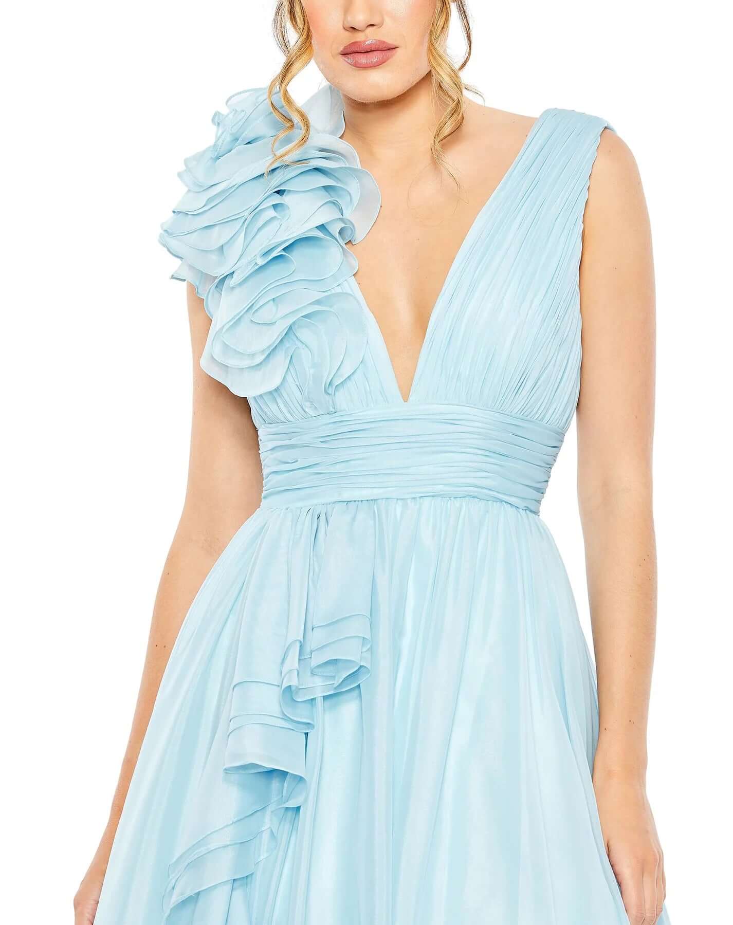 Mac Duggal Style#48856, Ruffle Detailed Evening Gown, A line,Ball Gown,Floor Length,Open Back,Ruffles,sleeveless,V-Neck, $650.00