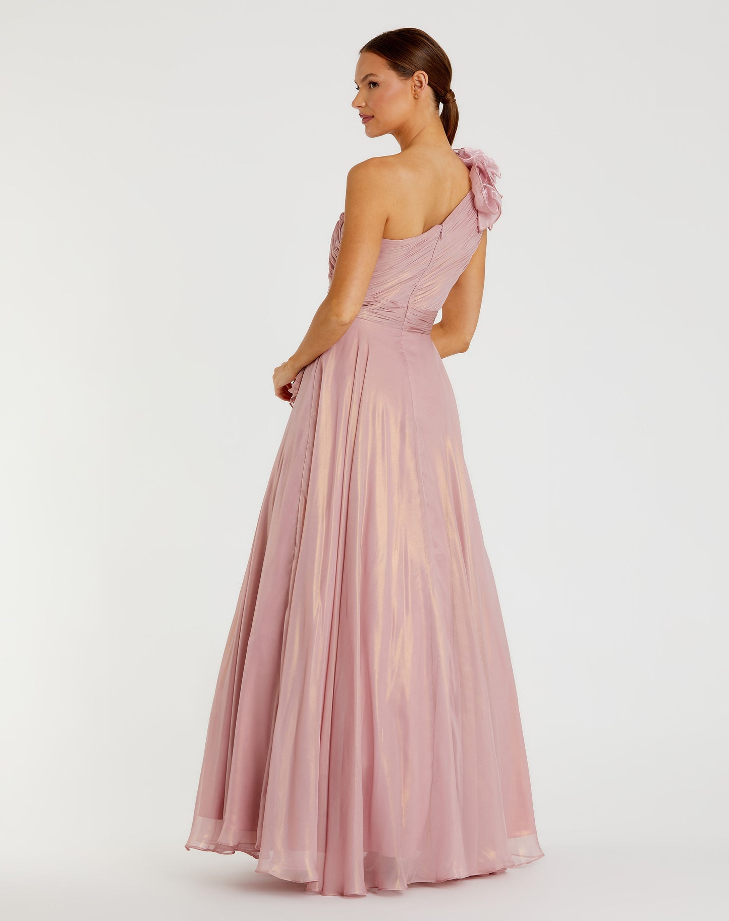 Iridescent One Shoulder Rosette Ball Gown