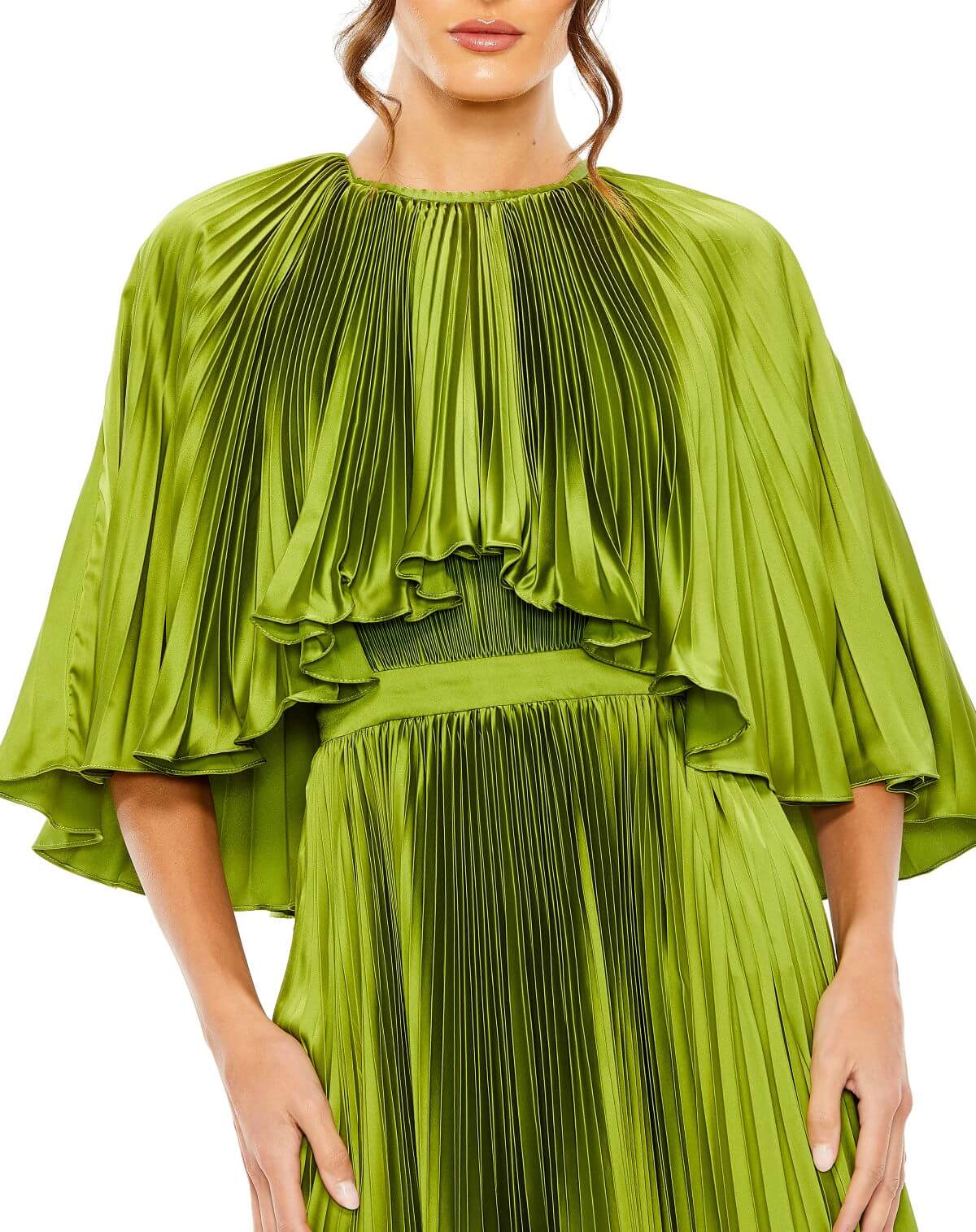 Mac Duggal Style#49638, Pleated Caplet T-Length Gown Dress, A line,Midi,Newest Arrivals,Pleated,Short Sleeve, $725.00