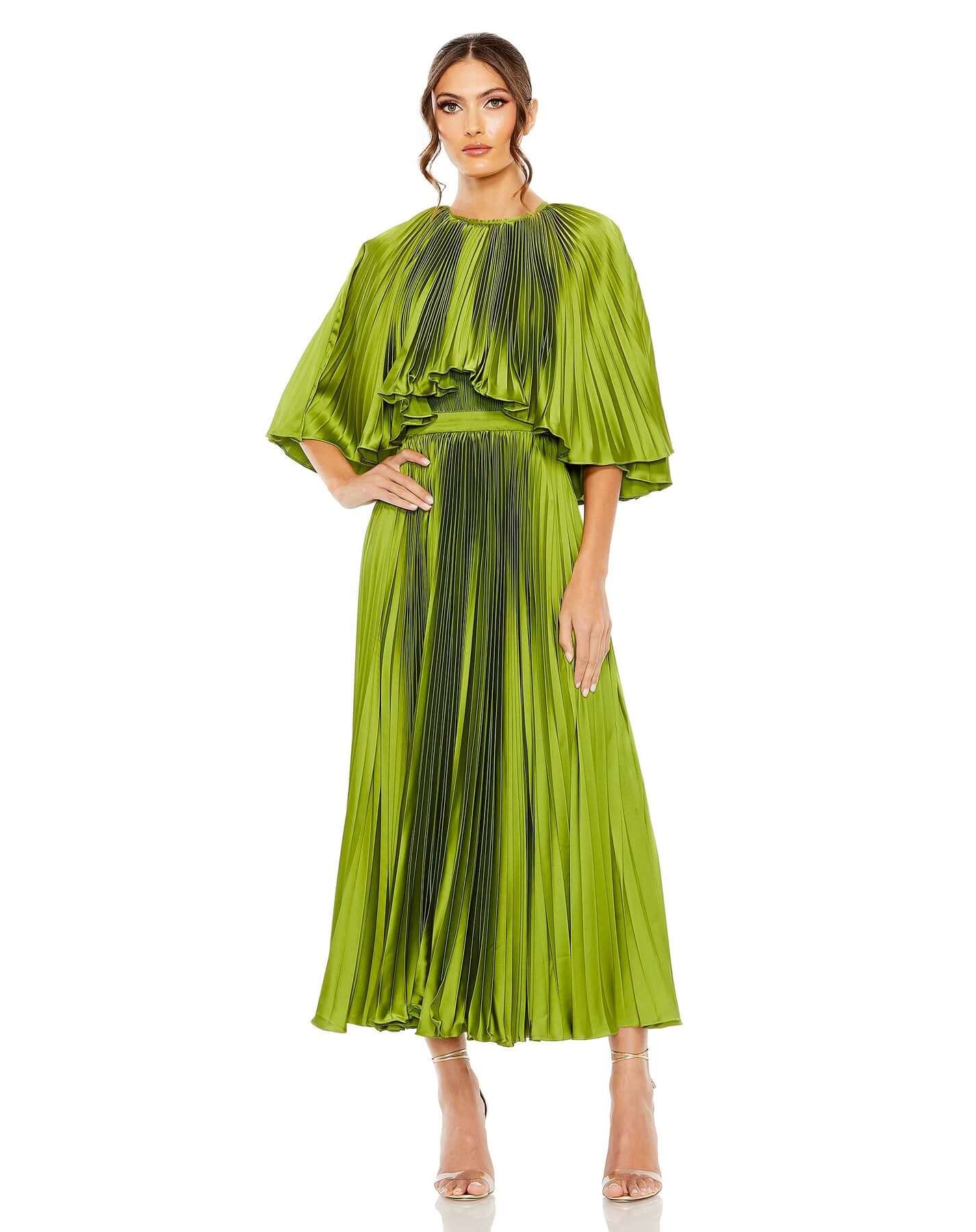 Mac Duggal Style#49638, Pleated Caplet T-Length Gown Dress, A line,Midi,Newest Arrivals,Pleated,Short Sleeve, $725.00