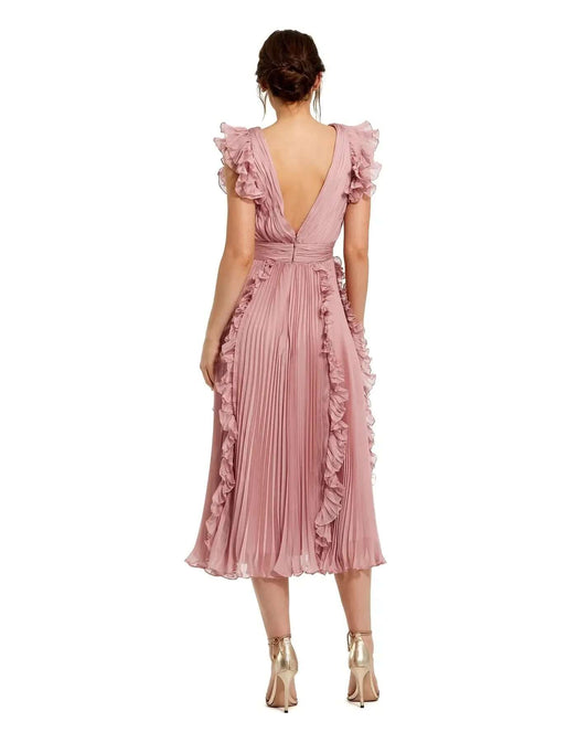 Mac Duggal Style#49675, Pleated Chiffon V Neck Ruffle Midi Dress, A line,Cap Sleeve,Midi,Newest Arrivals,Pleated,Ruffles, $850.00
