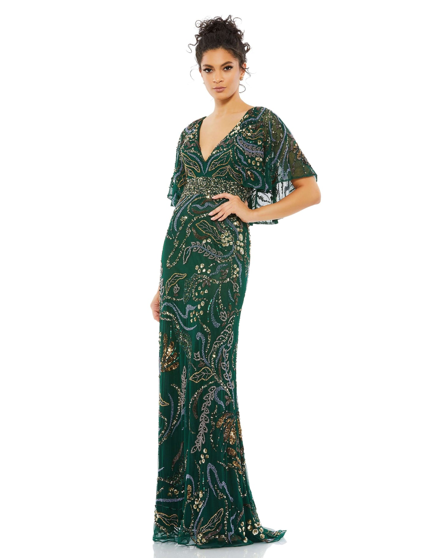 Mac Duggal Style#5239, Embellished V Neck Cape Sleeve Column Gown, beaded,Cape,Fit and Flare,Floor Length,Newest Arrivals,Sequin,V-Neck, $1100.00