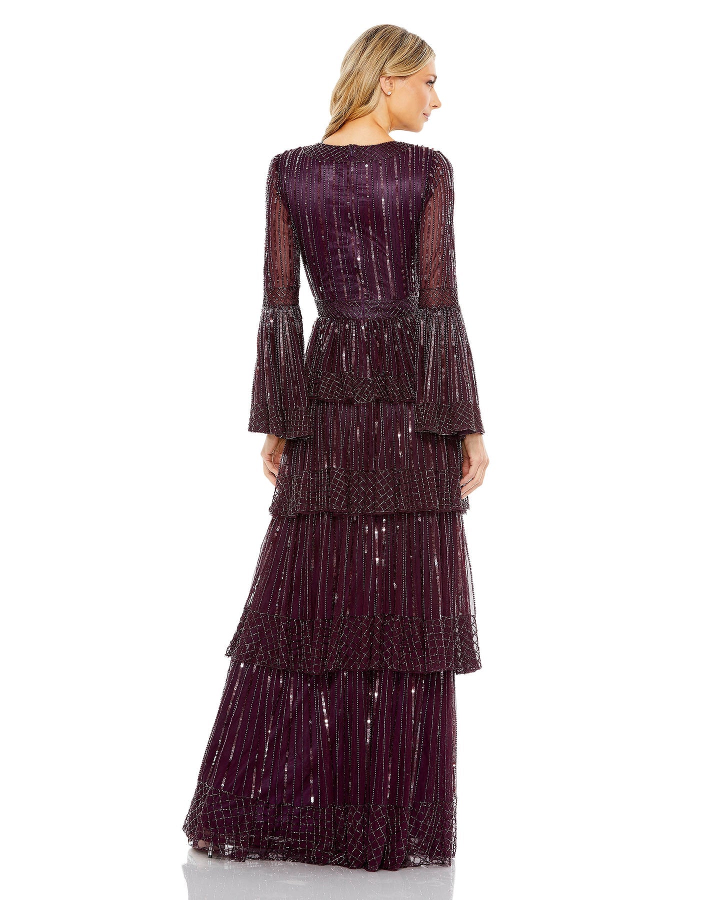 Mac Duggal Style#5442, Beaded gown with a ruffled skirt, A line,beaded,Floor Length,long sleeve,Sequin,V-Neck, $925.00