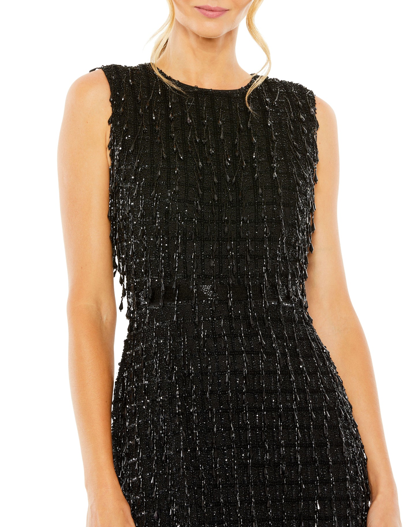 Sleeveless High Neck Beaded Midi Sheath Dress