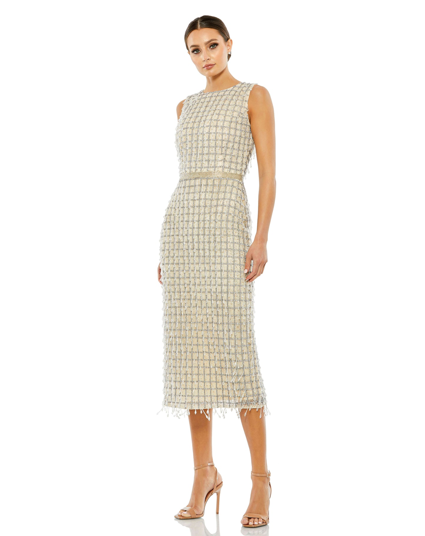 Sleeveless High Neck Beaded Midi Sheath Dress