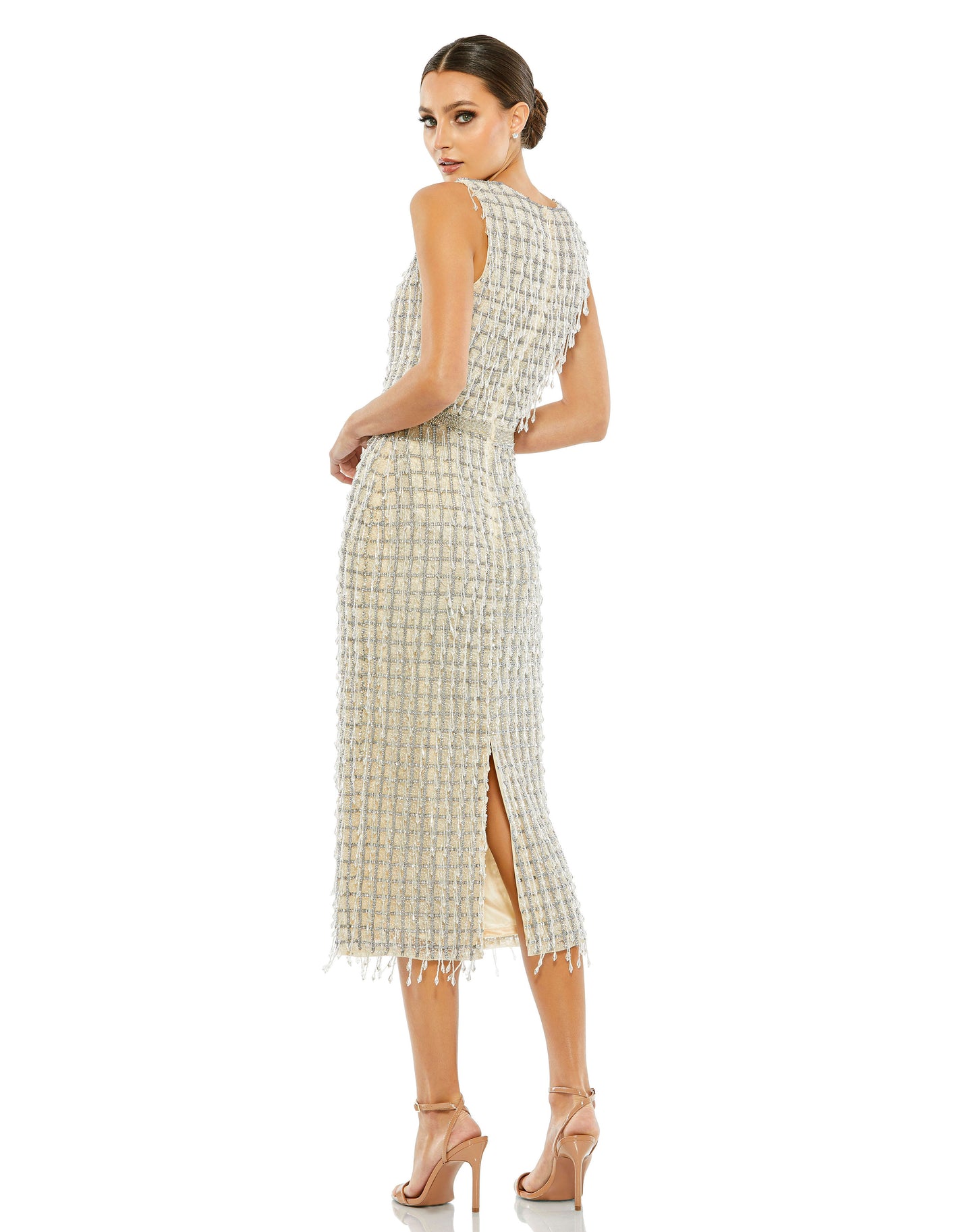Sleeveless High Neck Beaded Midi Sheath Dress