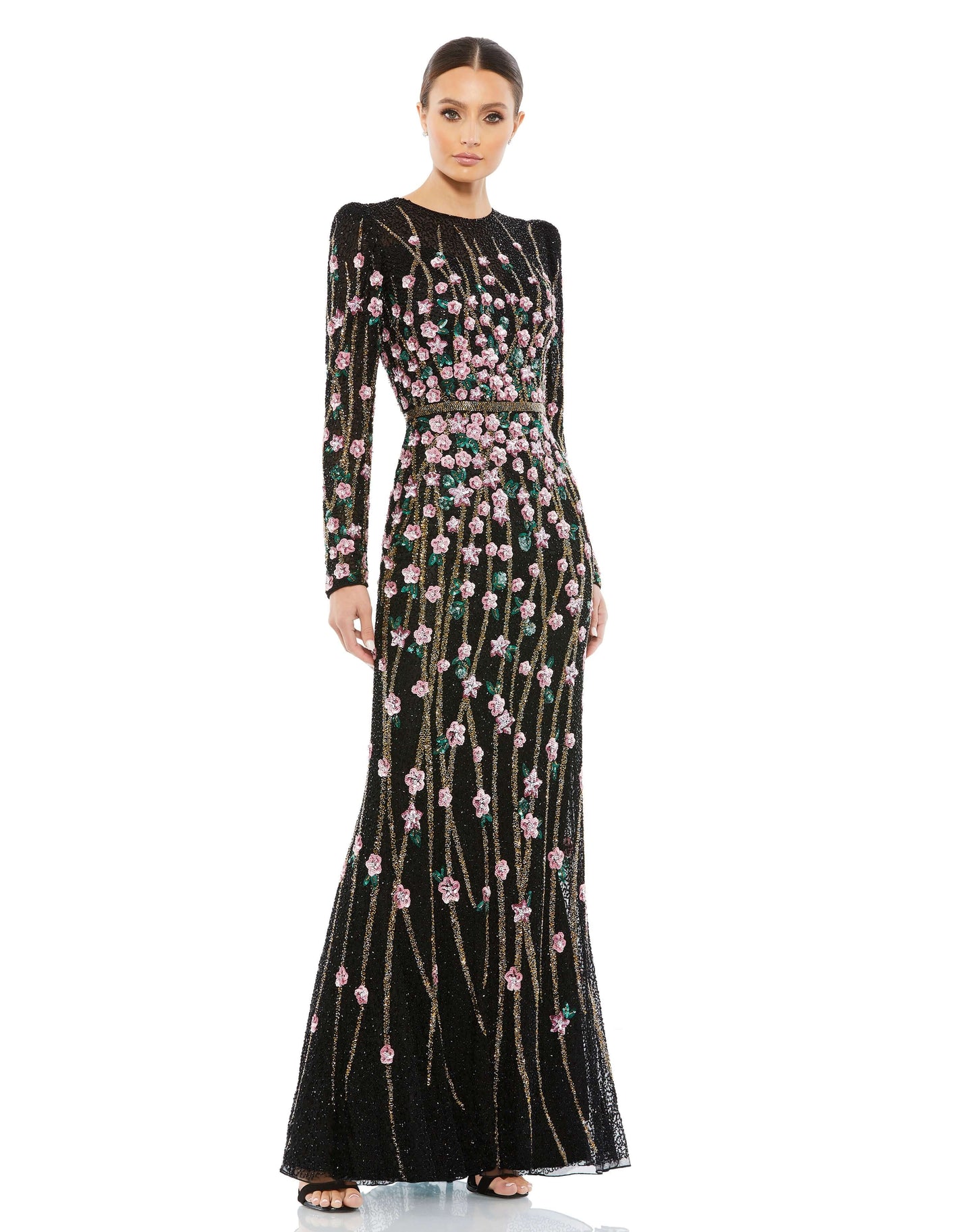 Mac Duggal Style#5492, Embellished high neck long sleeve gowns, Fit and Flare,Floor Length,Floral,long sleeve,Newest Arrivals,Sequin, $1100.00