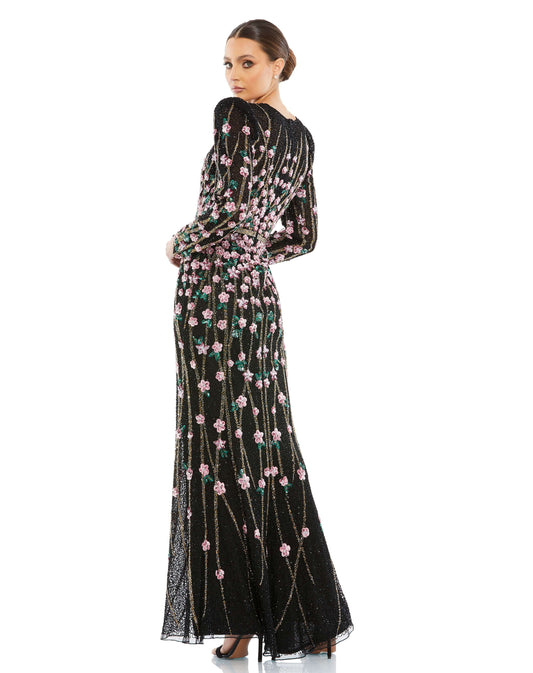 Mac Duggal Style#5492, Embellished high neck long sleeve gowns, Fit and Flare,Floor Length,Floral,long sleeve,Newest Arrivals,Sequin, $1100.00