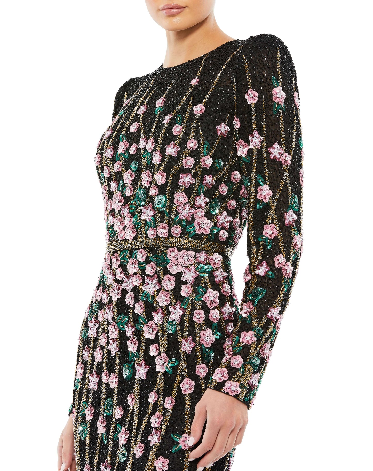 Mac Duggal Style#5492, Embellished high neck long sleeve gowns, Fit and Flare,Floor Length,Floral,long sleeve,Newest Arrivals,Sequin, $1100.00