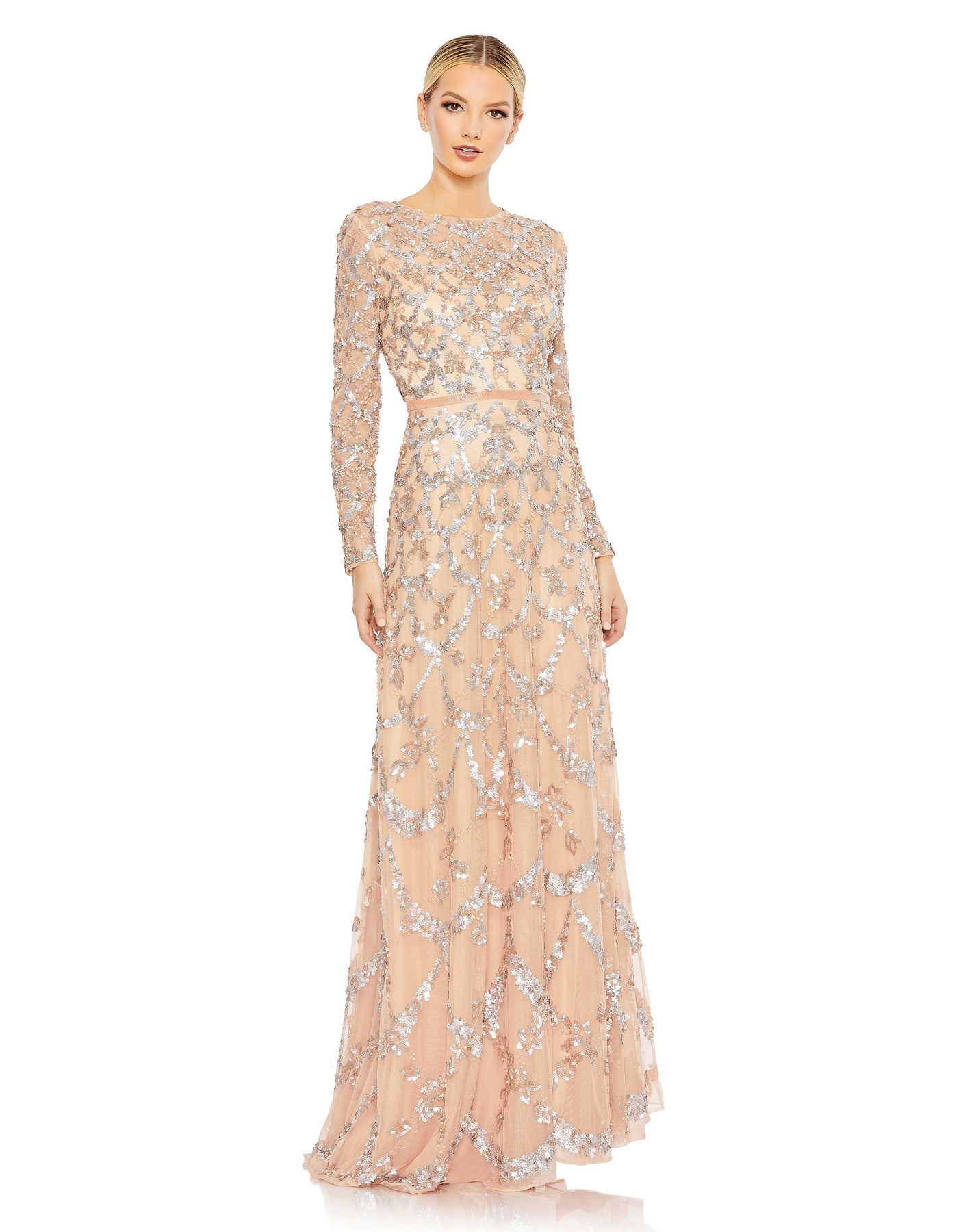 Embellished Illusion High Neck Long Sleeve Line Gown