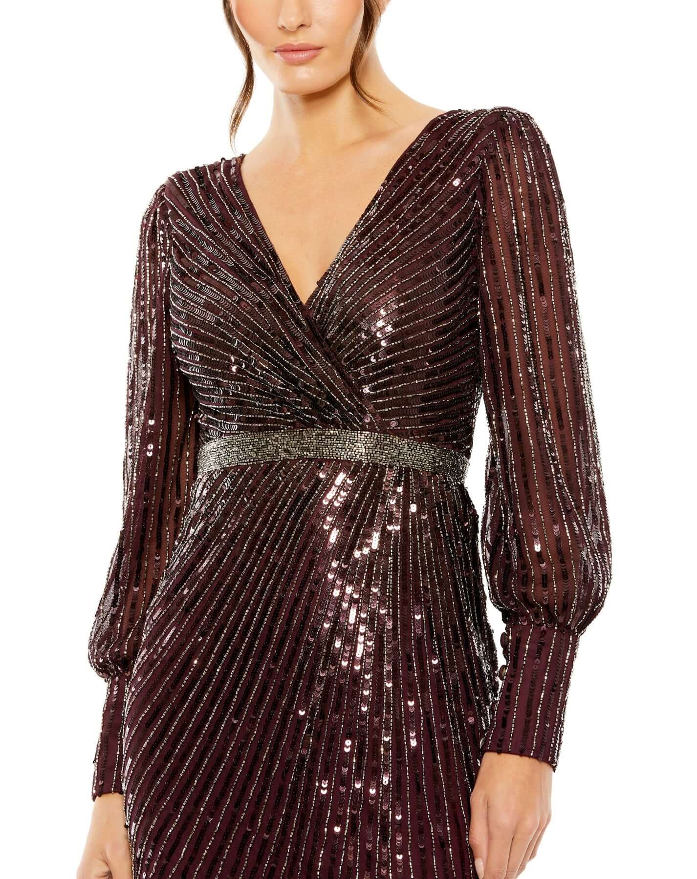 Mac Duggal Style#, Sequinned Wrap Over Bishop Sleeve Gown, Fit and Flare,Floor Length,Newest Arrivals,Sequin,V-Neck, $845.00