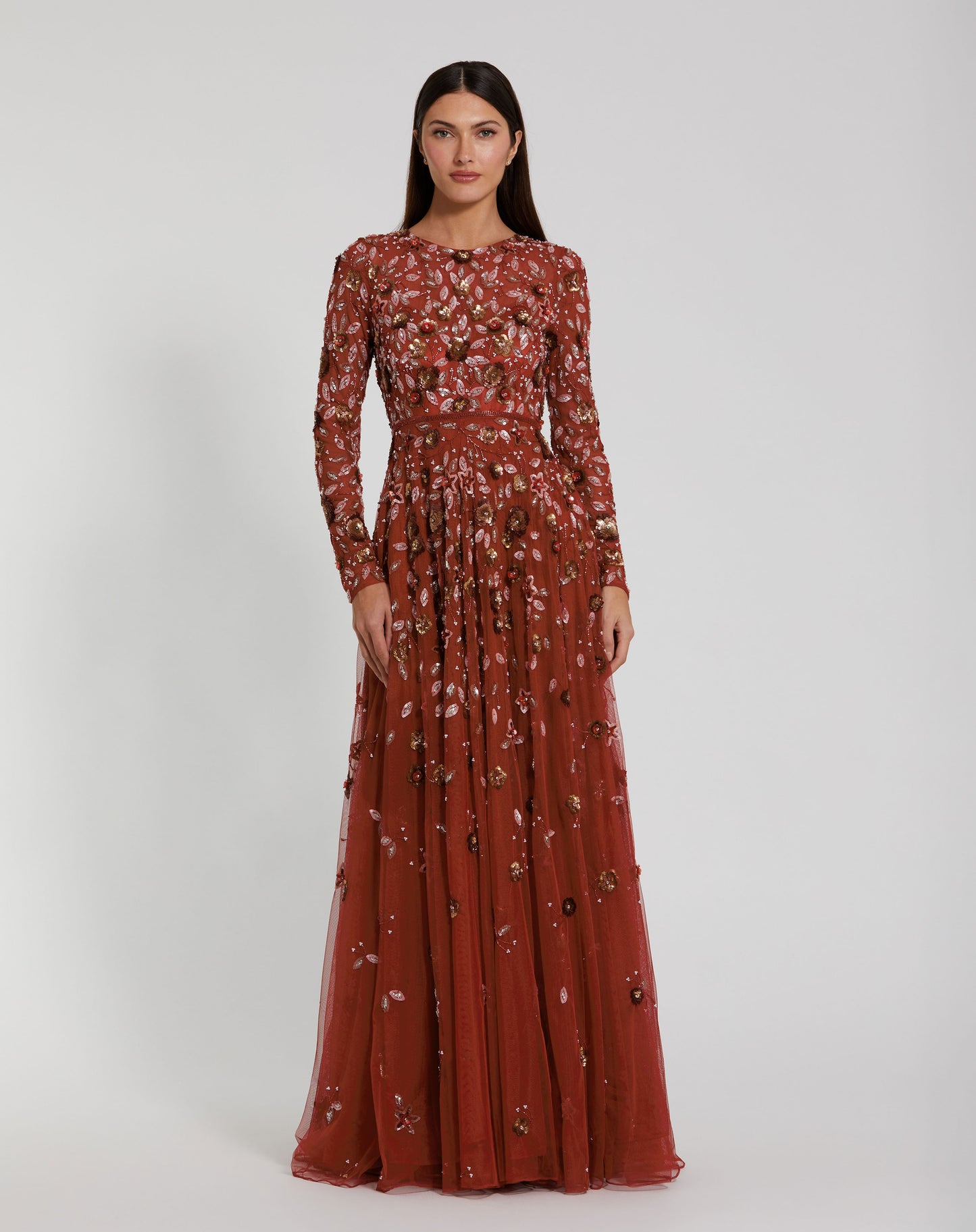 Floral Appliqué Long Sleeve Illusion Gown