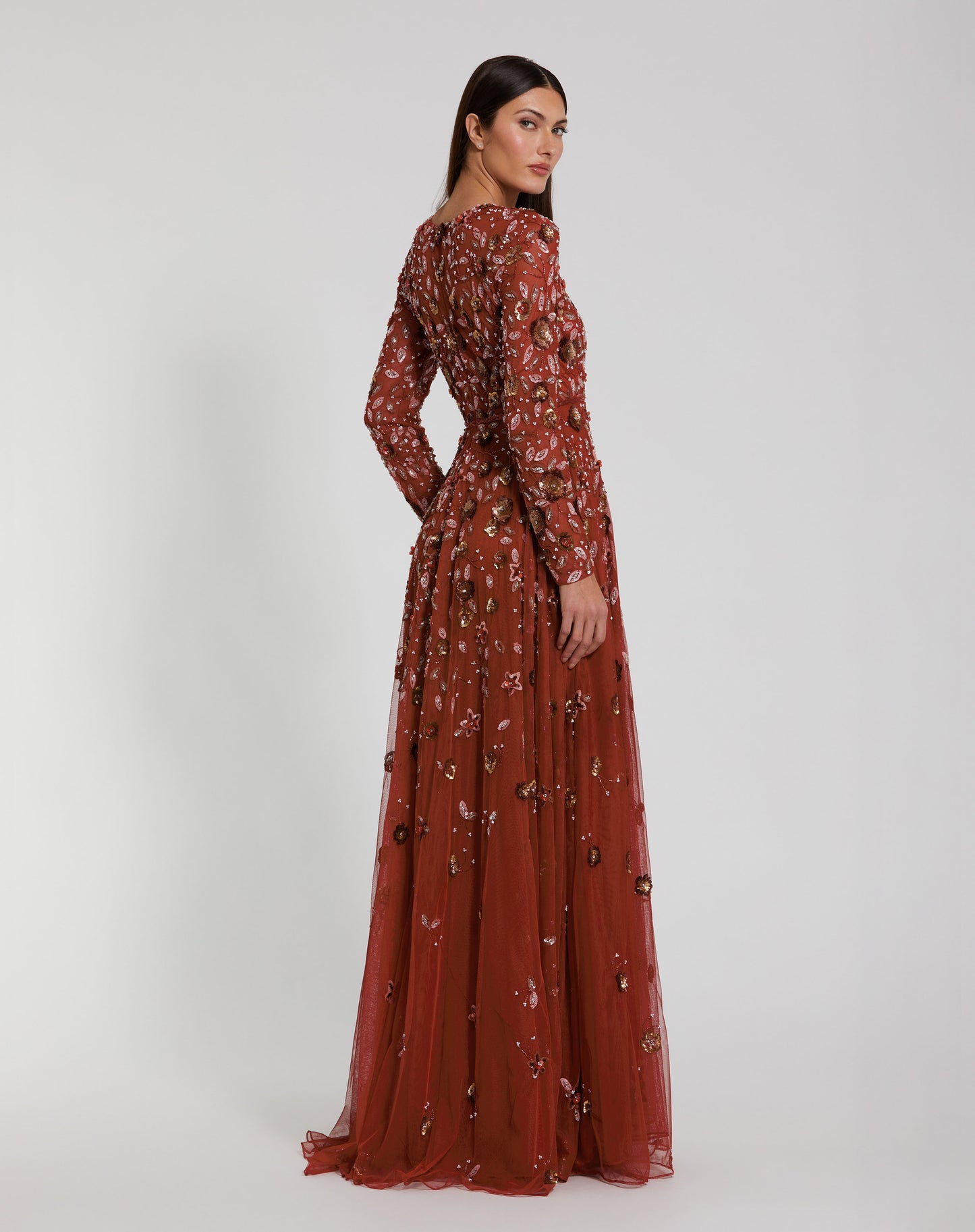 Floral Appliqué Long Sleeve Illusion Gown