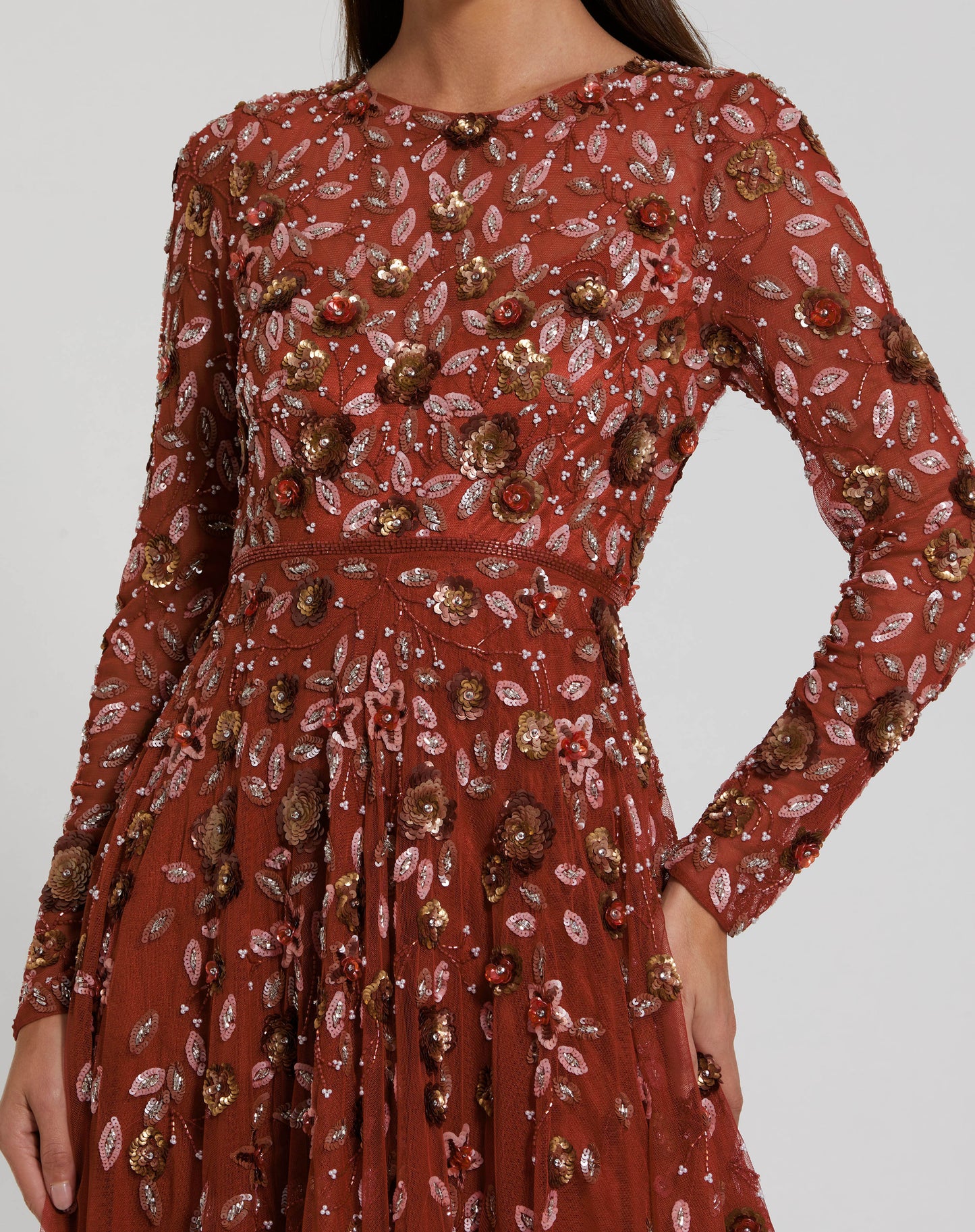 Floral Appliqué Long Sleeve Illusion Gown