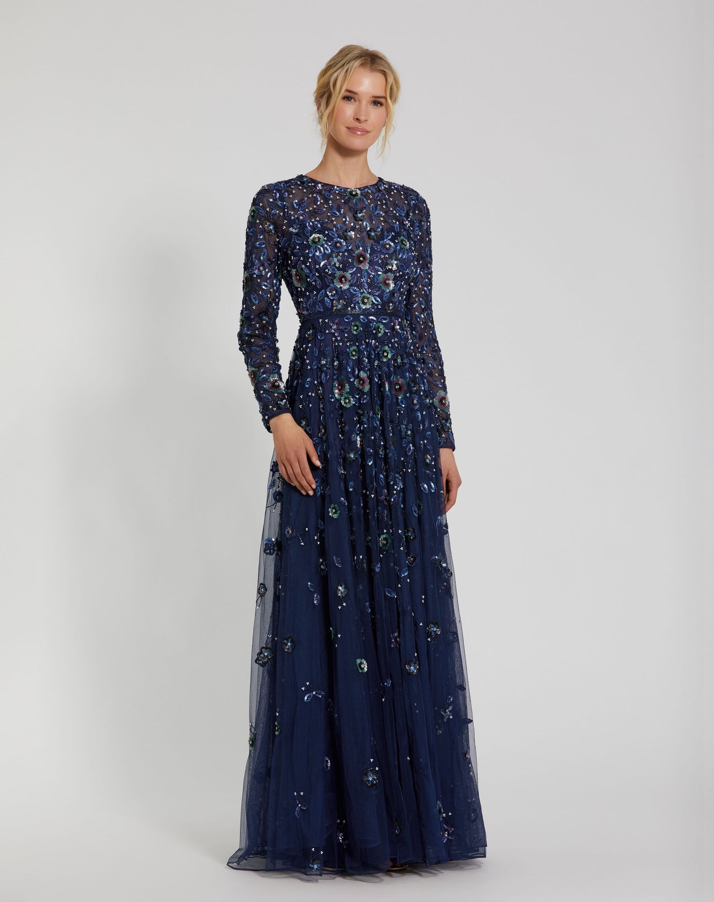 Floral Appliqué Long Sleeve Illusion Gown
