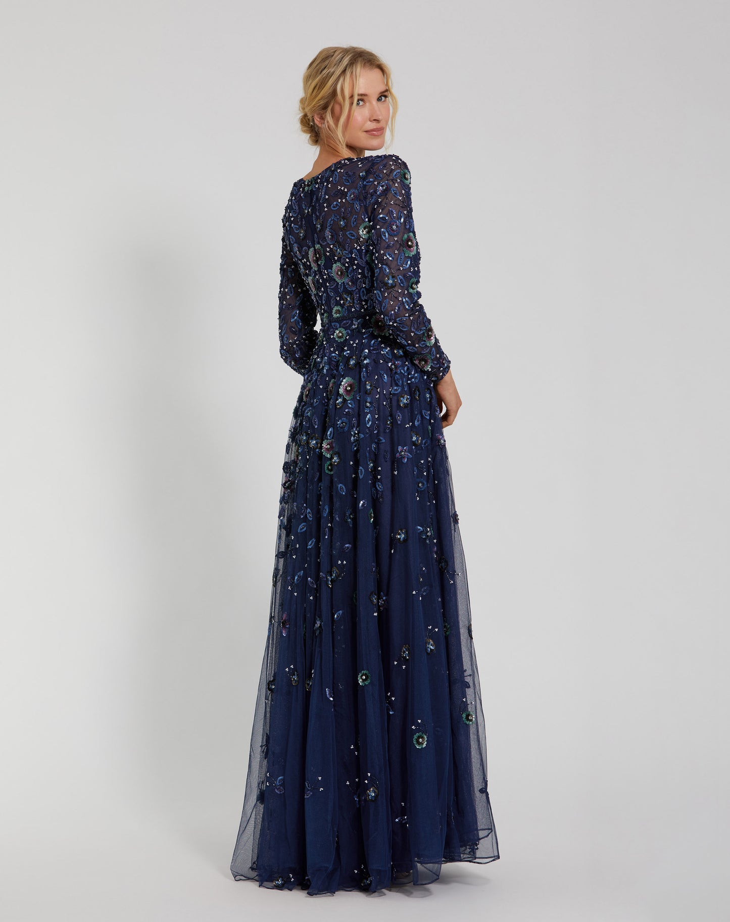 Floral Appliqué Long Sleeve Illusion Gown