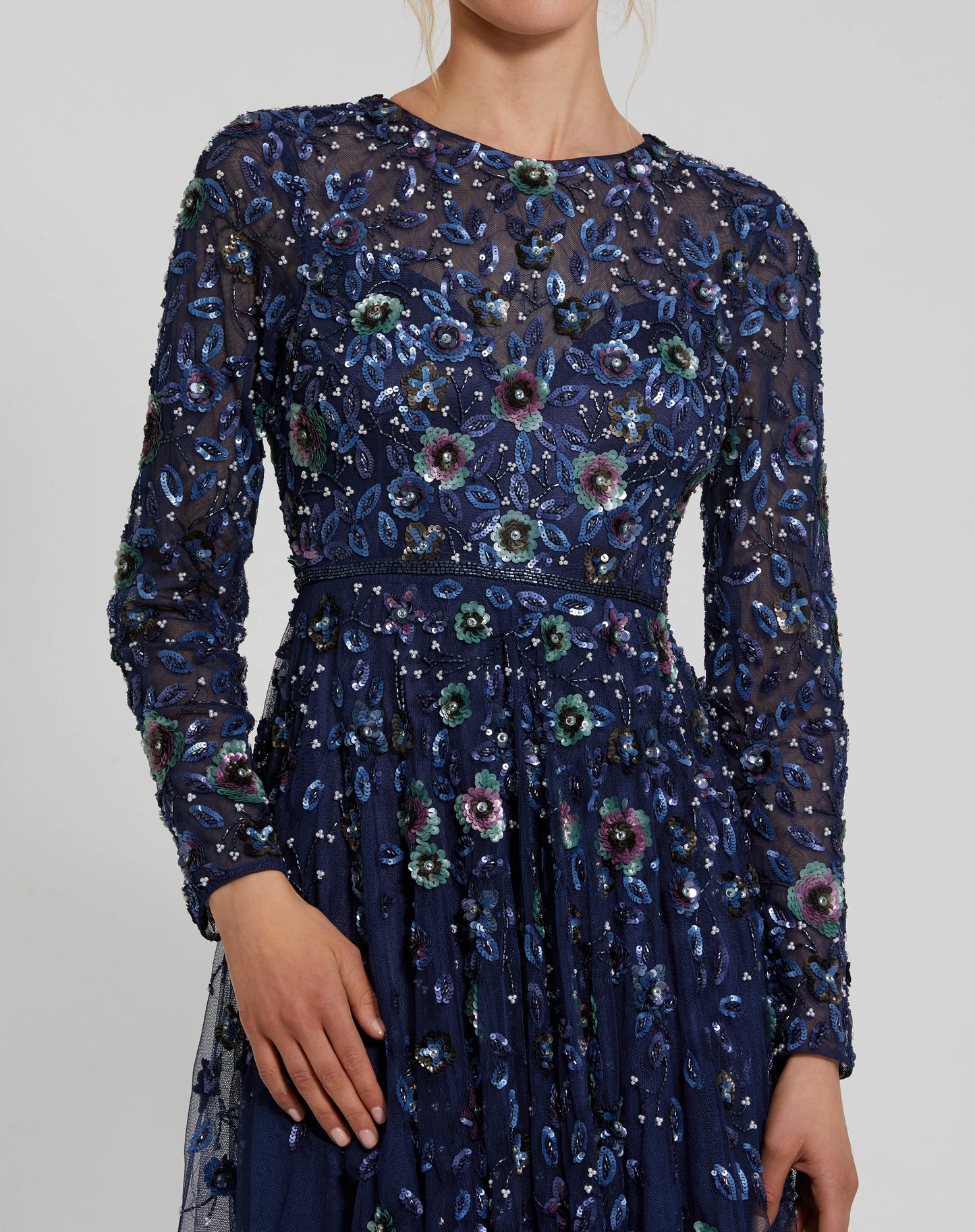 Floral Appliqué Long Sleeve Illusion Gown