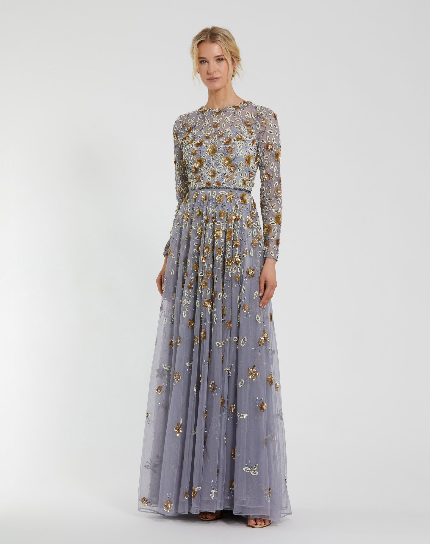 Floral Appliqué Long Sleeve Illusion Gown