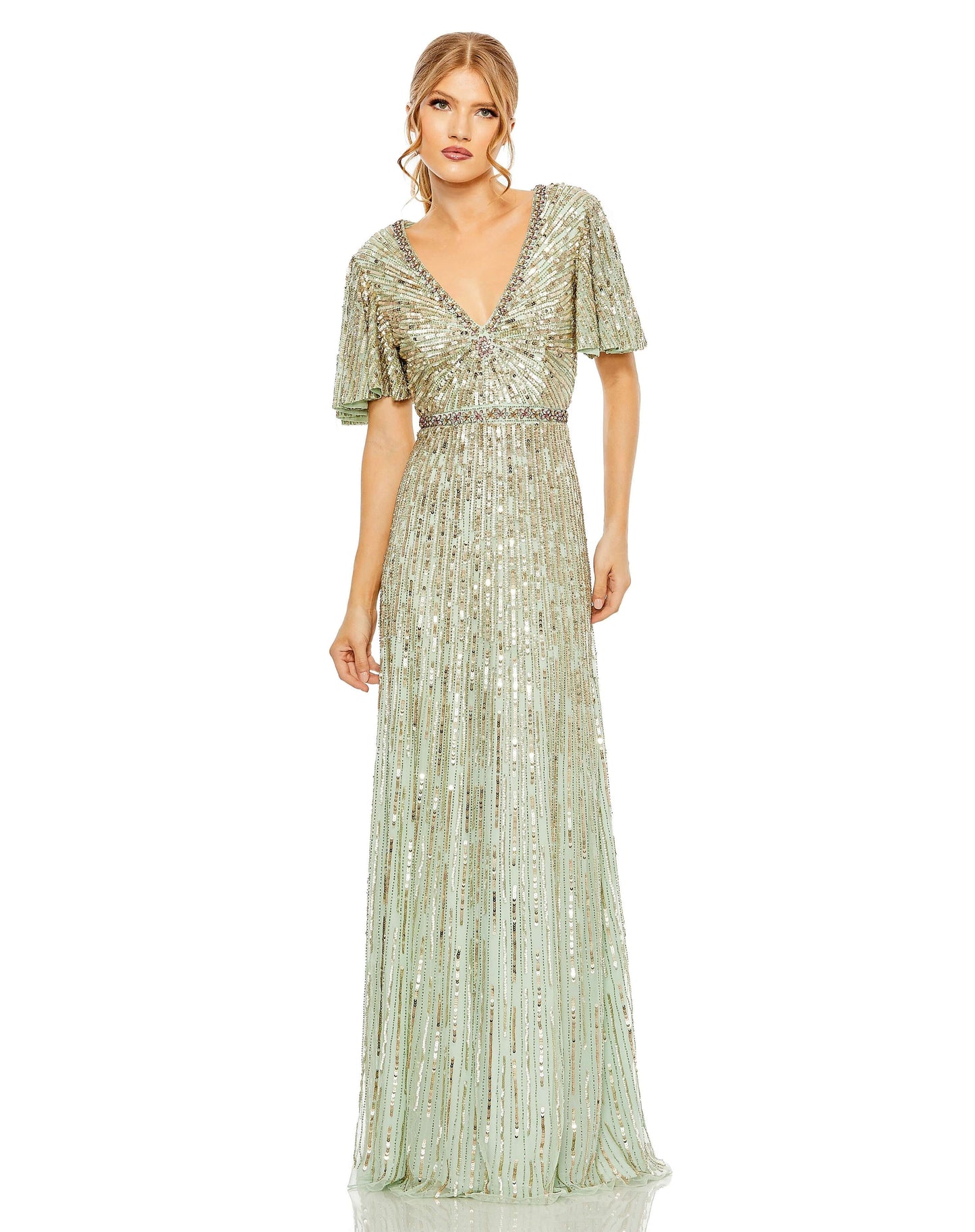 Mac Duggal Style#5538, Embellished V Neck Butterfly Sleeve Column Gown, A line,Floor Length,Newest Arrivals,Sequin,Short Sleeve,V-Neck, $850.00