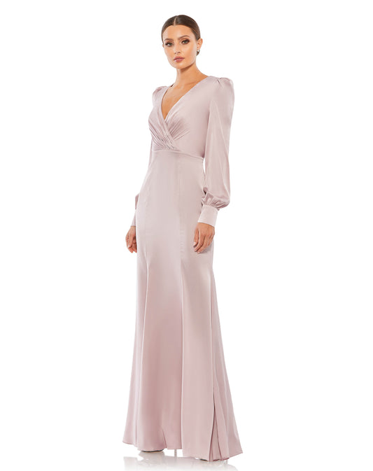 Satin Ruched Bishop Sleeve Gown