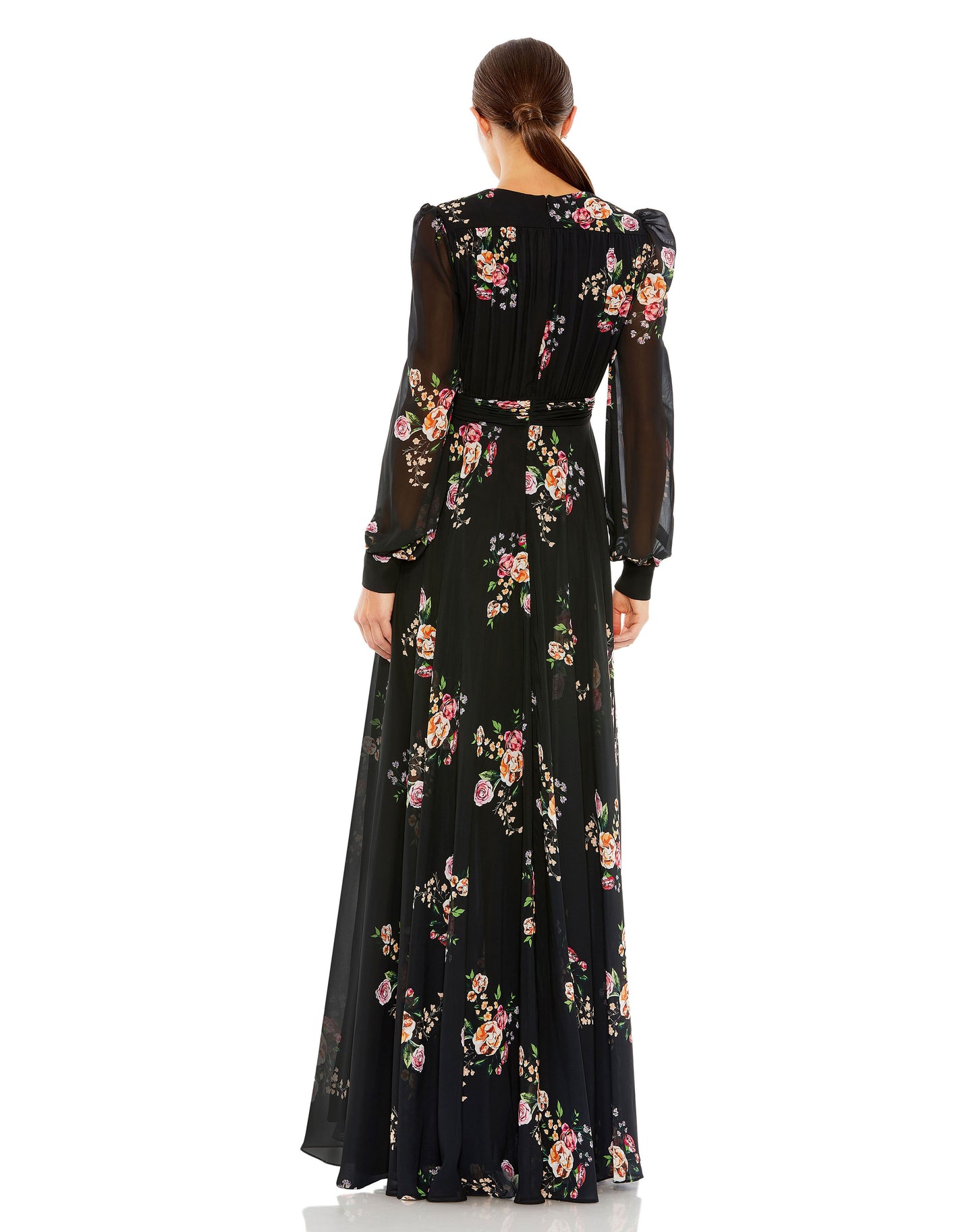 Belted Floral Print Illusion Long Sleeve Gown