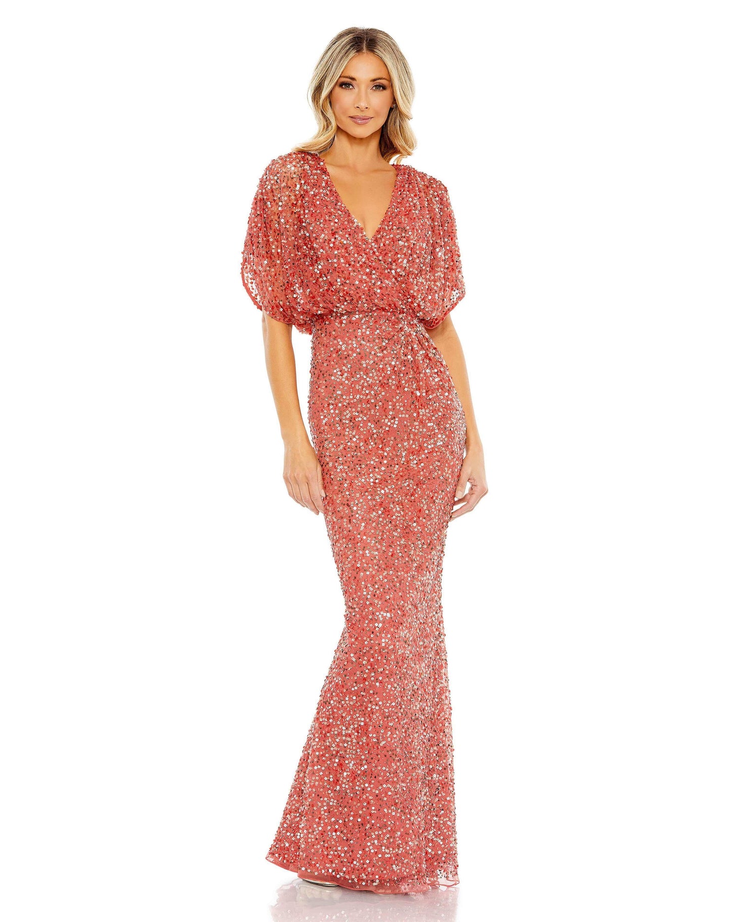 Mac Duggal Style#5640, Draped Sleeve V Neck Gown, Fit and Flare,Floor Length,Newest Arrivals,Sequin,Short Sleeve, $730.00