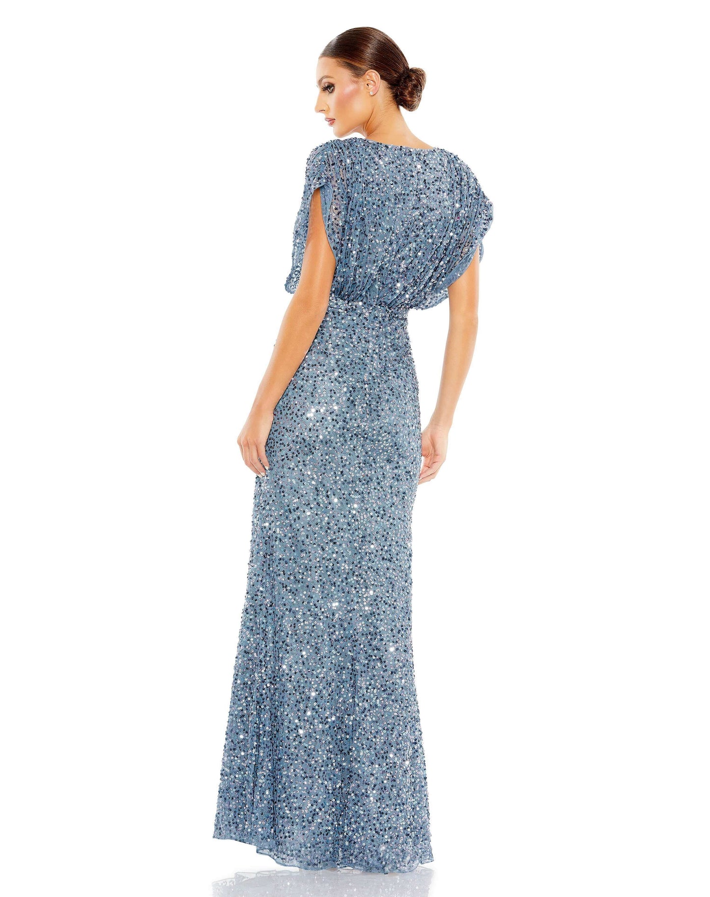 Mac Duggal Style#5640, Draped Sleeve V Neck Gown, Fit and Flare,Floor Length,Newest Arrivals,Sequin,Short Sleeve, $730.00