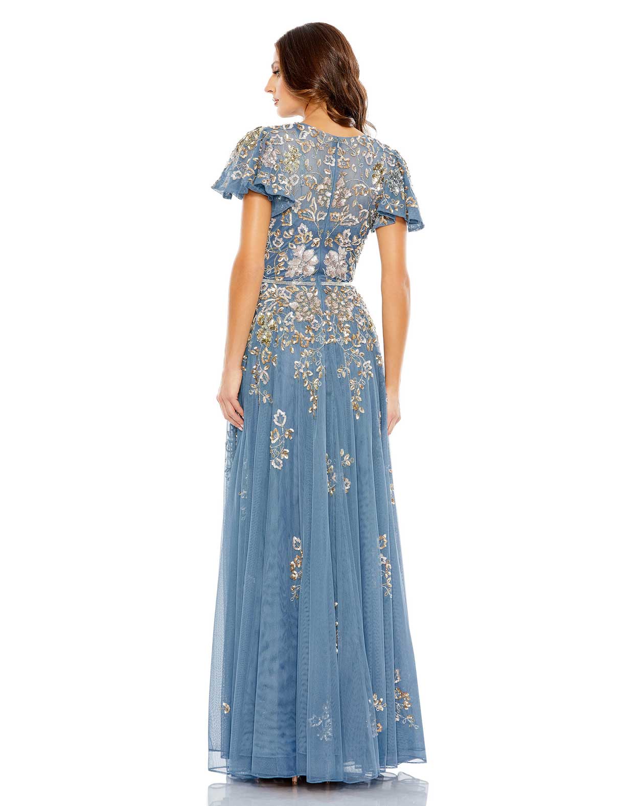 Mac Duggal Sequined mesh overlay; 100% polyester lining Partially lined bodice; fully lined skirt; semi-sheer unlined sleeves Illusion v-neckline featuring mesh high neck overlay Short butterfly sleeves Floral pattern composed of hand-stitched sequins and
