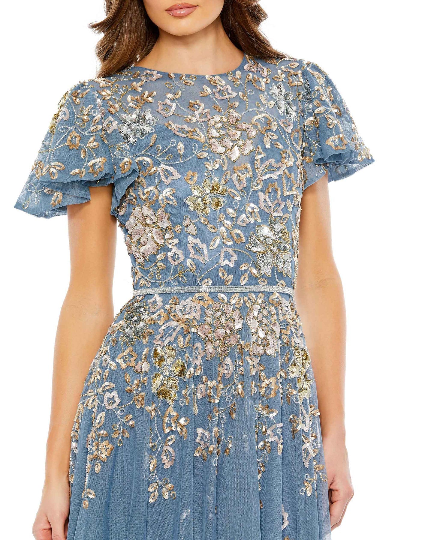 Mac Duggal Style#5717, Embellished Butterfly Sleeve High Neck Gown, A line,beaded,Floor Length,Sequin,Short Sleeve, $1100.00