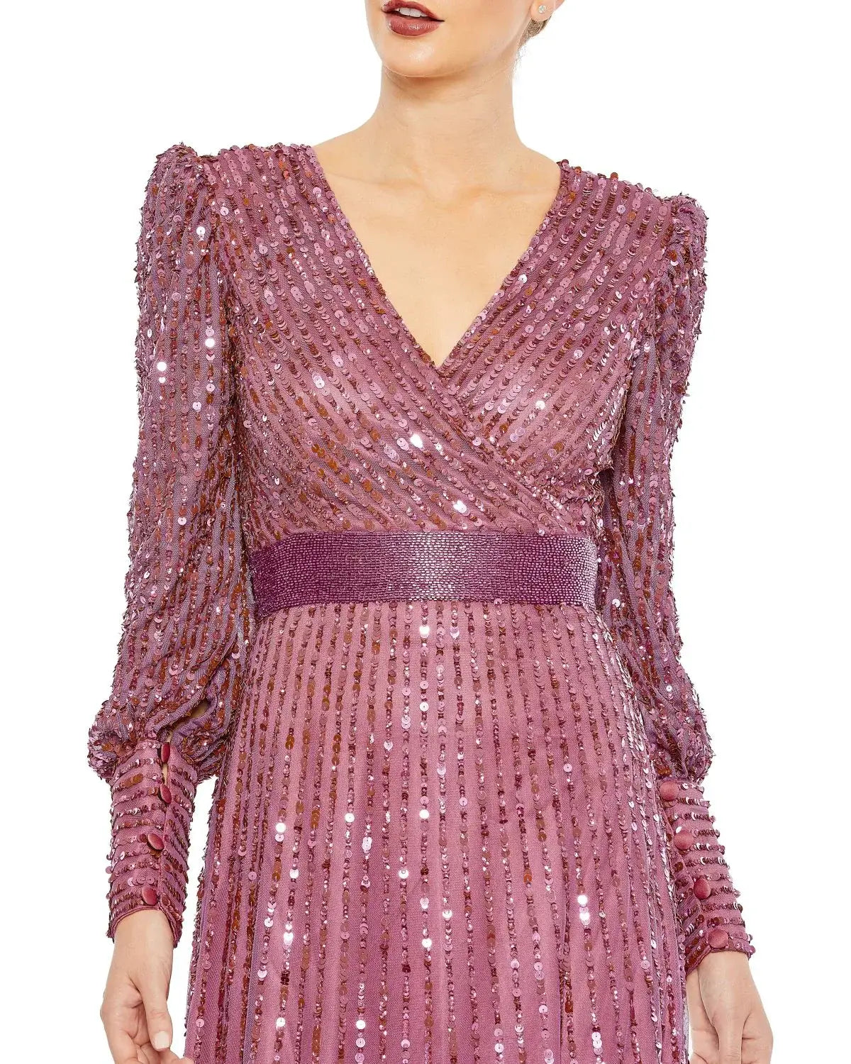 Mac Duggal Style#5720, Sequined Wrap Over Bishop Sleeve Gown, A line,beaded,Floor Length,long sleeve,Newest Arrivals,V-Neck, $850.00
