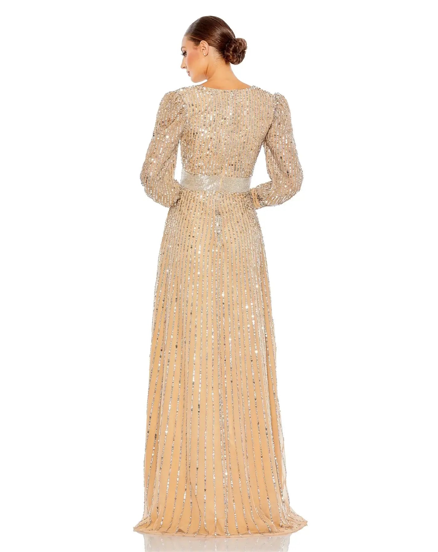 Mac Duggal Style#5720, Sequined Wrap Over Bishop Sleeve Gown, A line,beaded,Floor Length,long sleeve,Newest Arrivals,V-Neck, $850.00