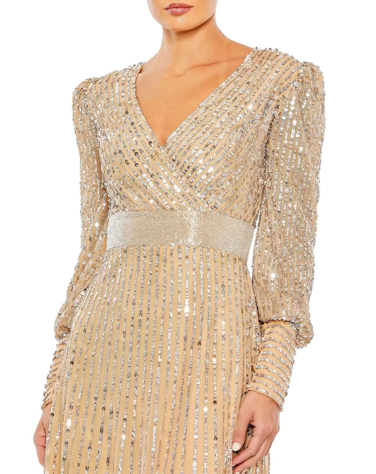 Mac Duggal Style#5720, Sequined Wrap Over Bishop Sleeve Gown, A line,beaded,Floor Length,long sleeve,Newest Arrivals,V-Neck, $850.00