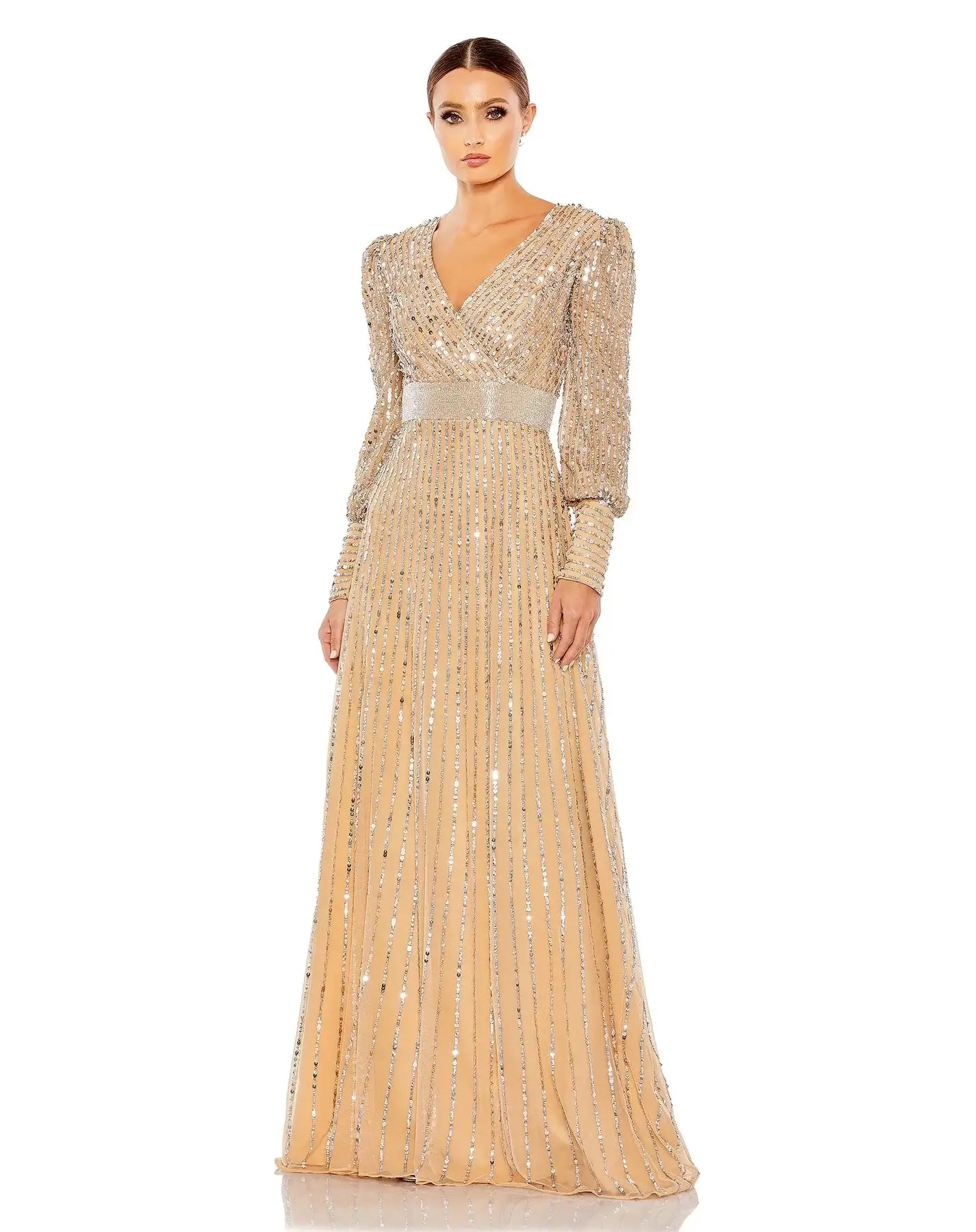 Mac Duggal Style#5720, Sequined Wrap Over Bishop Sleeve Gown, A line,beaded,Floor Length,long sleeve,Newest Arrivals,V-Neck, $850.00