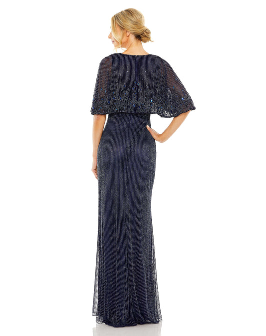 High Neck Column Gown With Embellished Cape