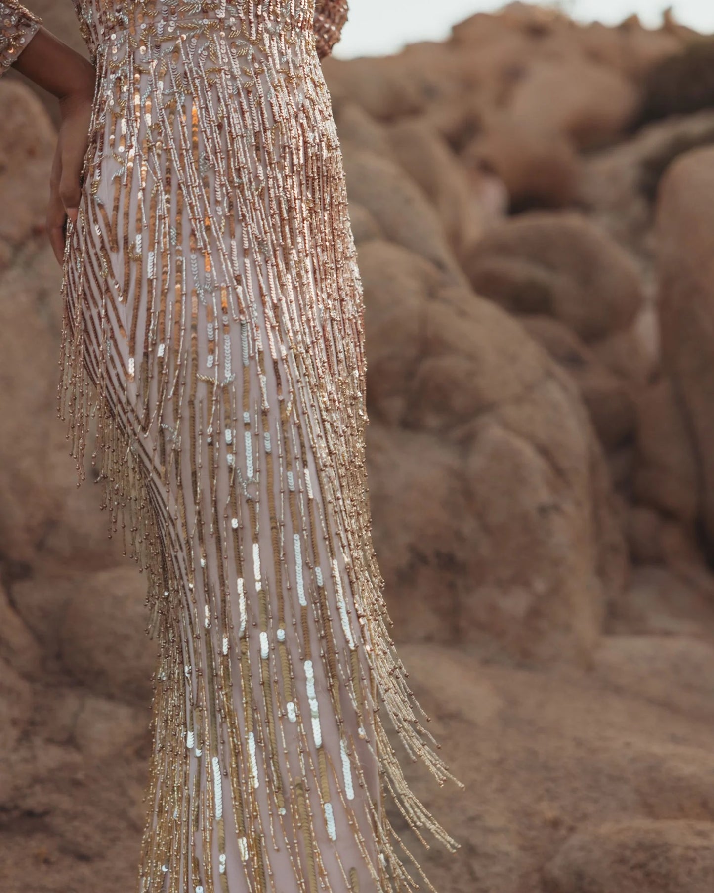 Long Sleeve Fringe Embellished Column Gown