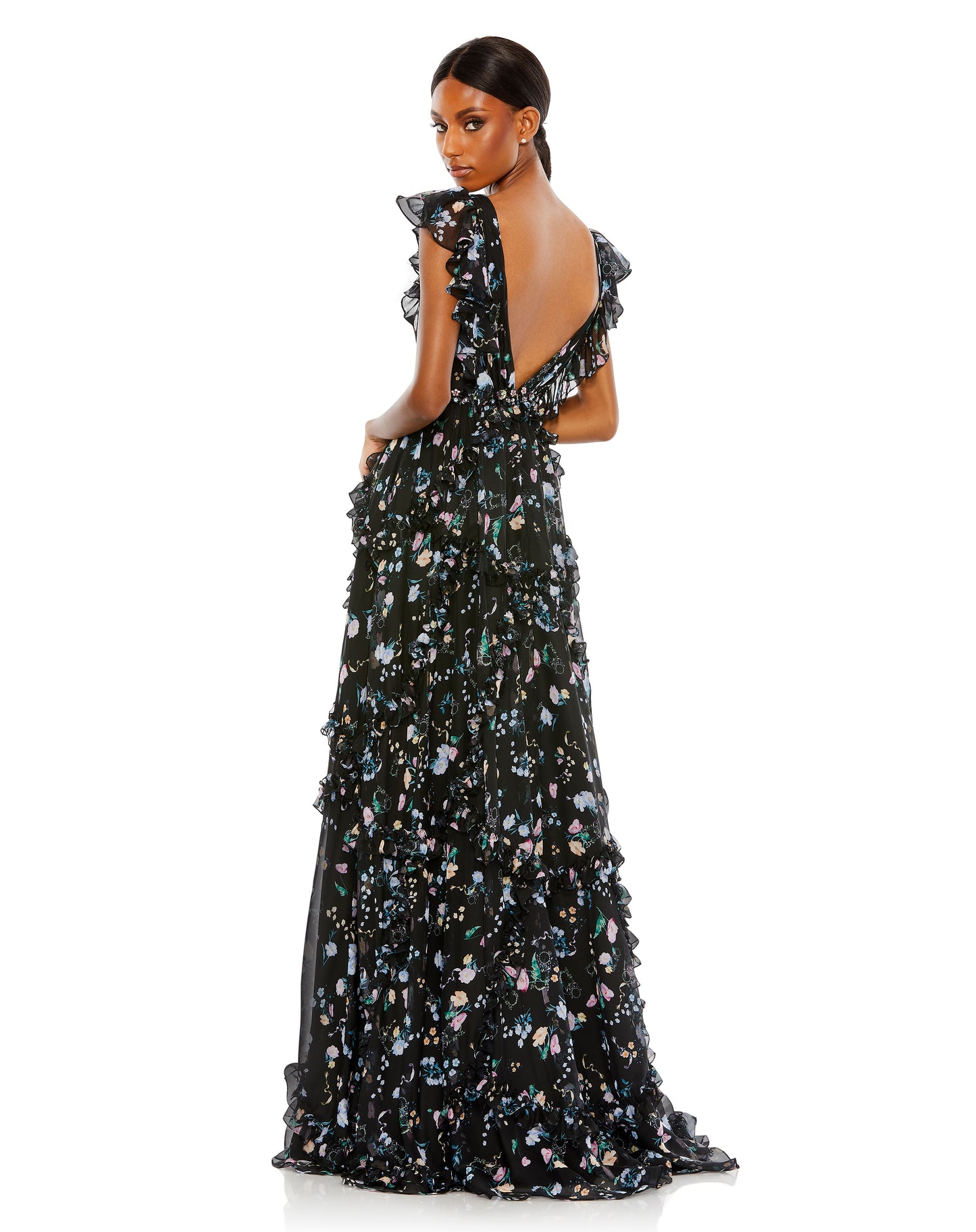 Ruffled Floral Print Cap Sleeve Gown