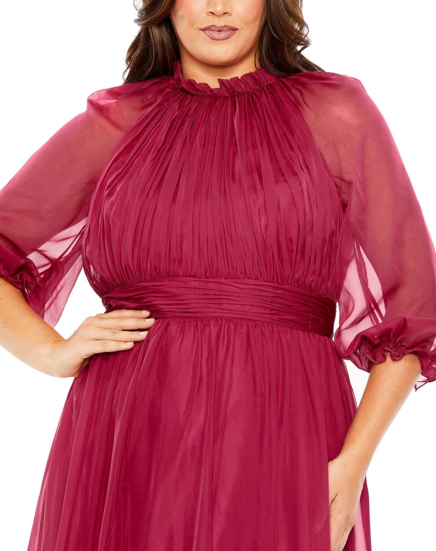 Mac Duggal Style#68426, High Neck Puff Sleeve Tiered A Line Gown, A line,Curvy Girl,Floor Length,Newest Arrivals,Pleated,Three Quarter Sleeve, $700.00