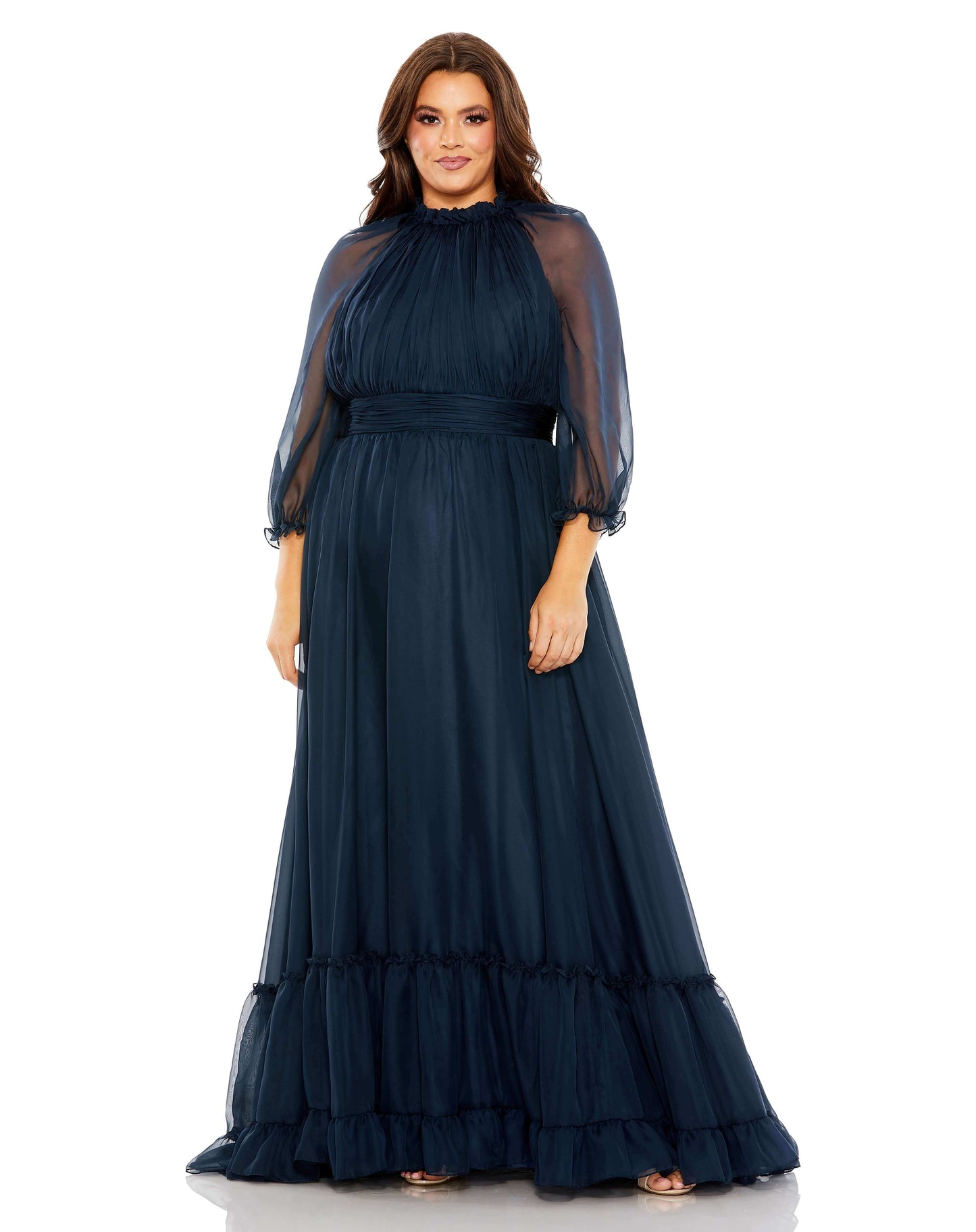 Mac Duggal Style#68426, High Neck Puff Sleeve Tiered A Line Gown, A line,Curvy Girl,Floor Length,Newest Arrivals,Pleated,Three Quarter Sleeve, $700.00