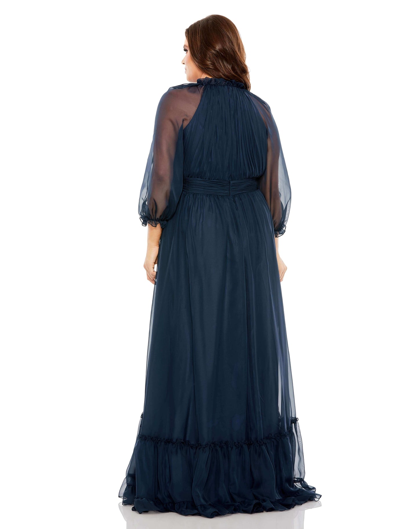 Mac Duggal Style#68426, High Neck Puff Sleeve Tiered A Line Gown, A line,Curvy Girl,Floor Length,Newest Arrivals,Pleated,Three Quarter Sleeve, $700.00