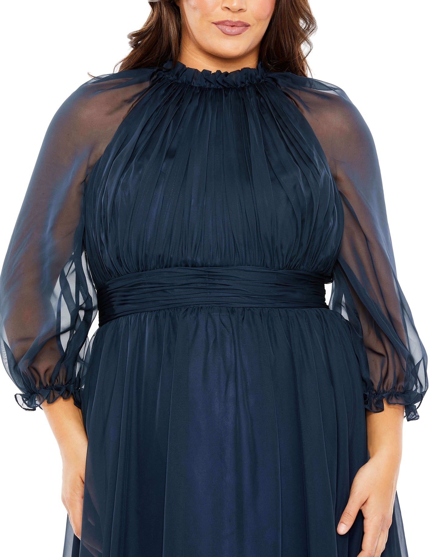 Mac Duggal Style#68426, High Neck Puff Sleeve Tiered A Line Gown, A line,Curvy Girl,Floor Length,Newest Arrivals,Pleated,Three Quarter Sleeve, $700.00