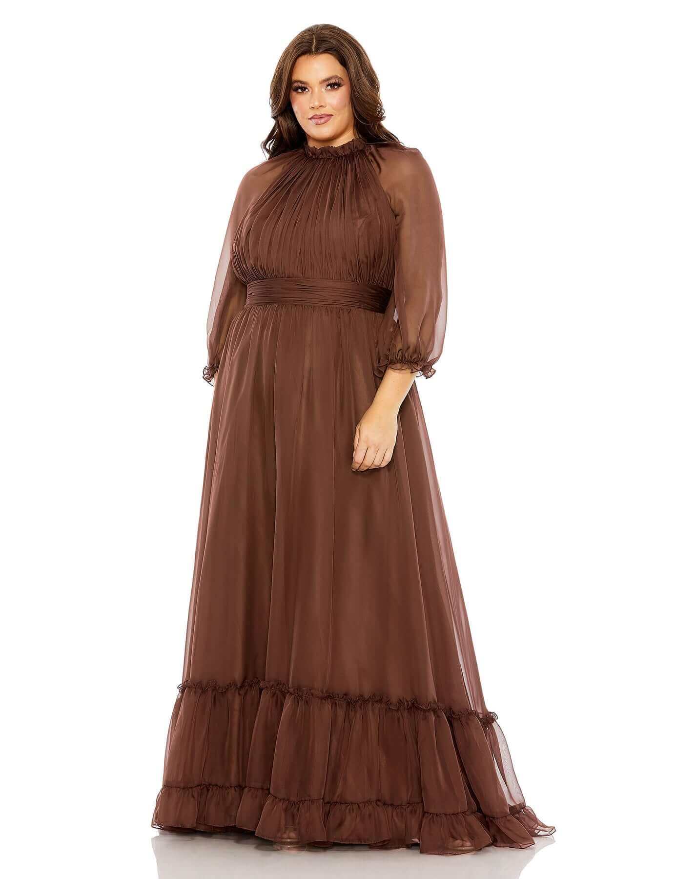 Mac Duggal Style#68426, High Neck Puff Sleeve Tiered A Line Gown, A line,Curvy Girl,Floor Length,Newest Arrivals,Pleated,Three Quarter Sleeve, $700.00