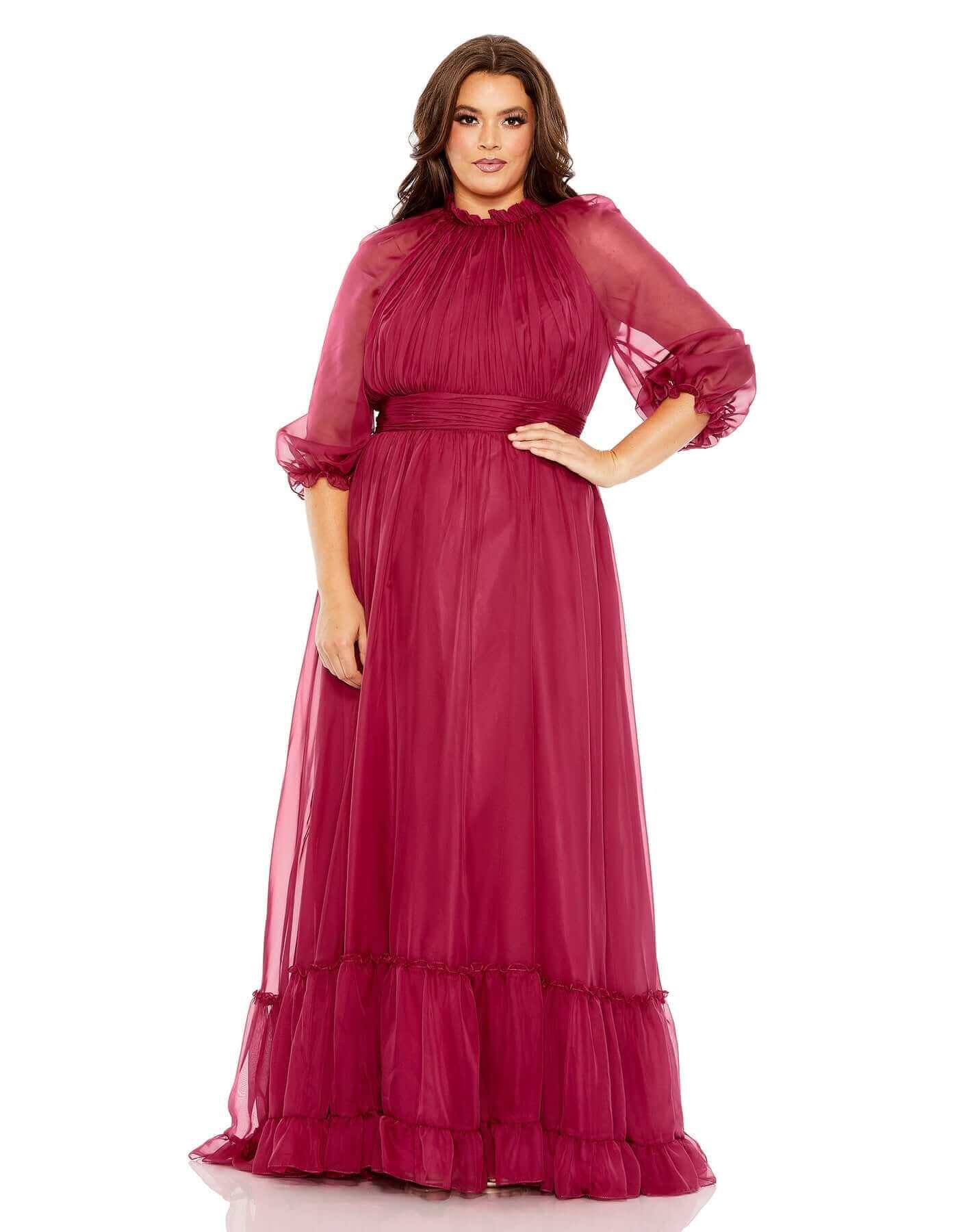 Mac Duggal Style#68426, High Neck Puff Sleeve Tiered A Line Gown, A line,Curvy Girl,Floor Length,Newest Arrivals,Pleated,Three Quarter Sleeve, $700.00