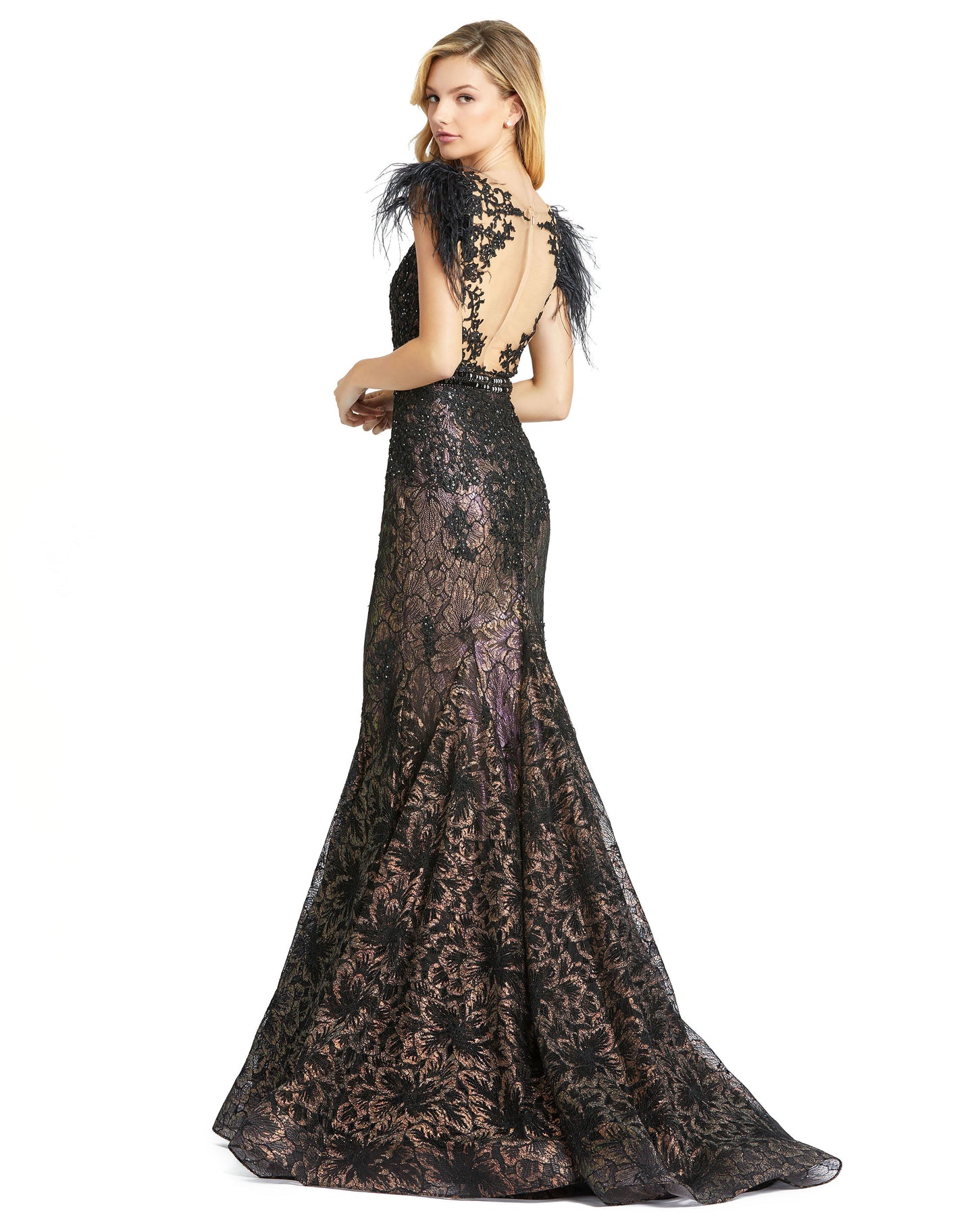 Embellished Feather Cap Sleeve Illusion Neck Trumpet Gown