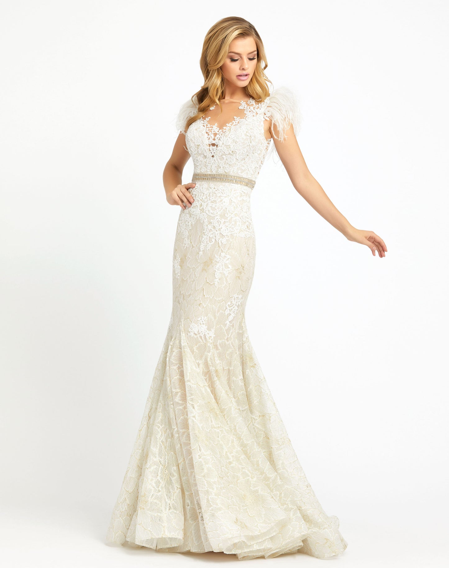 Embellished Feather Cap Sleeve Illusion Neck Trumpet Gown