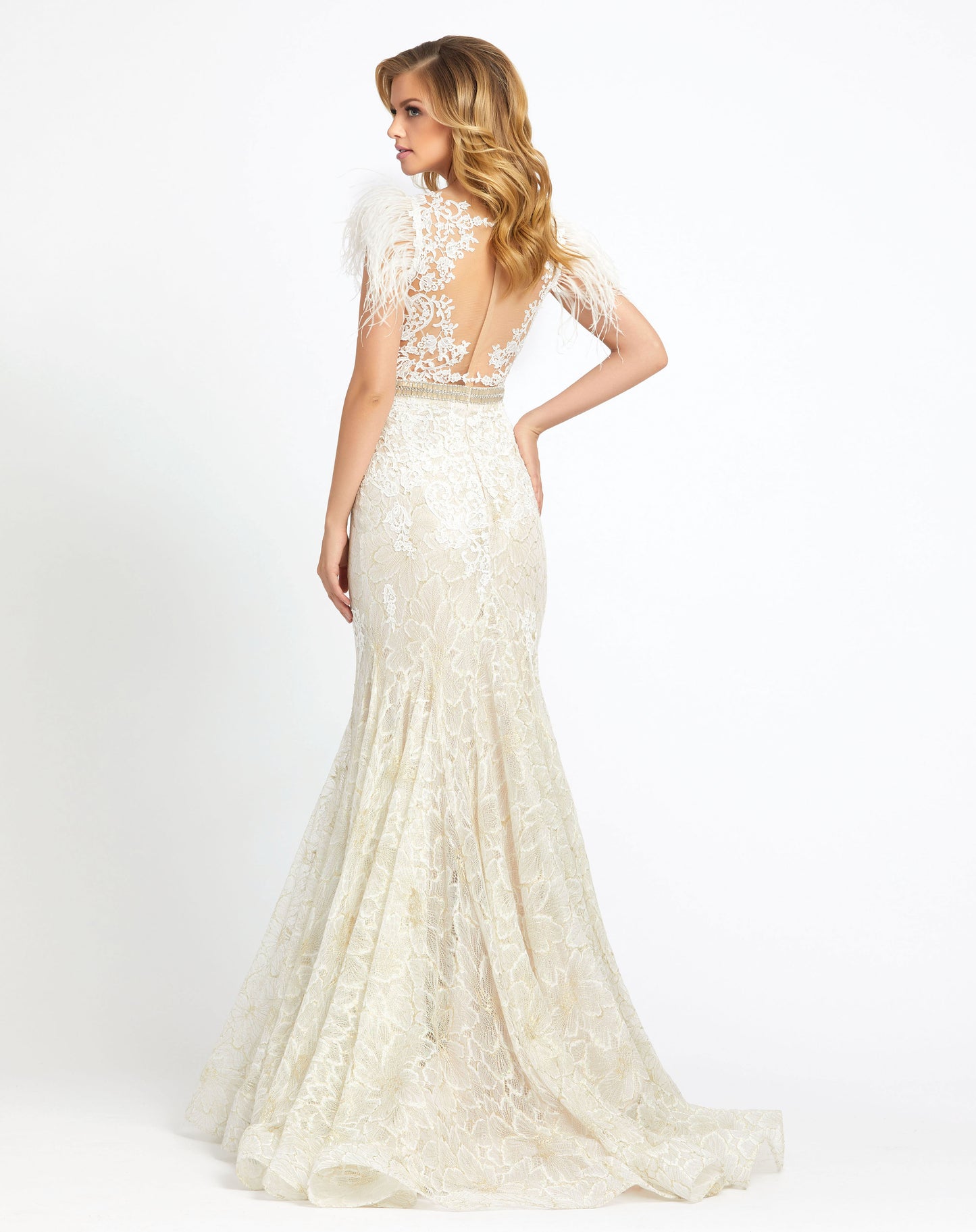 Embellished Feather Cap Sleeve Illusion Neck Trumpet Gown