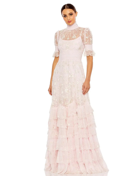 Mac Duggal Style#8005, Embroidered Floral Tiered Smock Neck Gown, A line,Embroidery,Floor Length,Newest Arrivals,Ruffles,Short Sleeve, $1100.00
