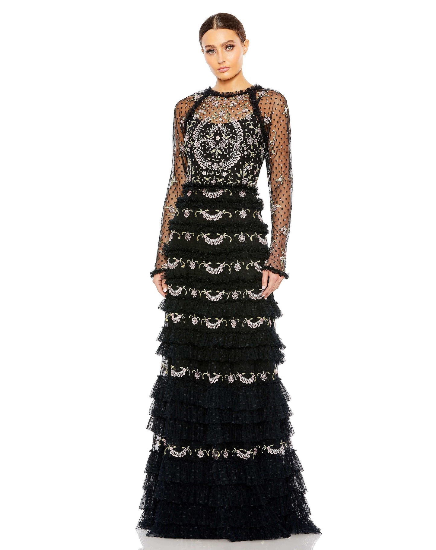 Mac Duggal Style#8030, Long Sleeve Swiss Dot Embroidered Floral Ruffle Tiered Gown, Floor Length,long sleeve,Newest Arrivals,Ruffles, $1070.00