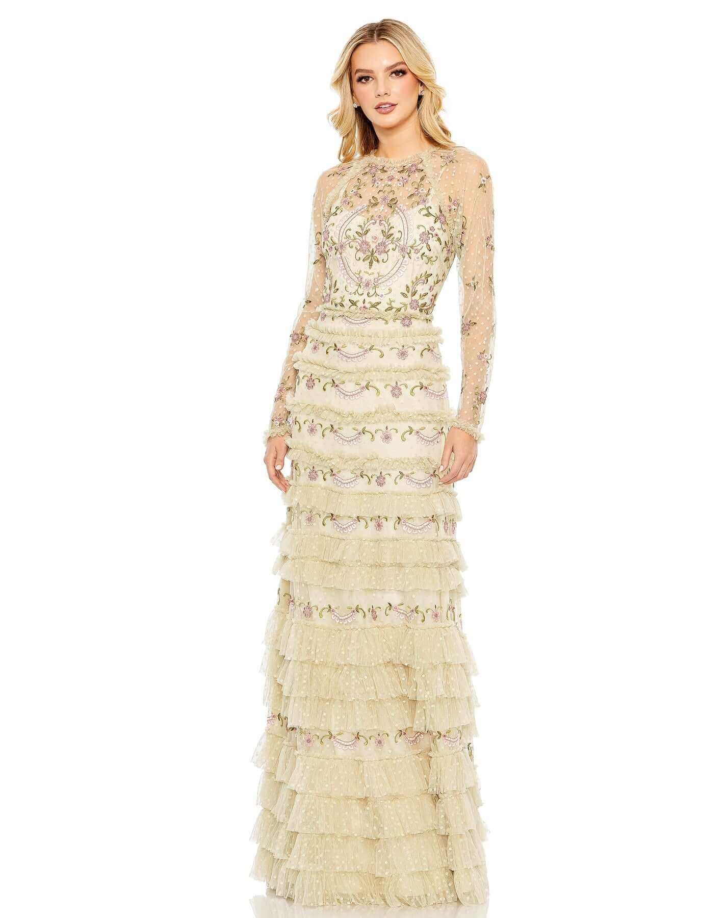Mac Duggal Style#, Long Sleeve Swiss Dot Embroidered Floral Ruffle Tiered Gown, Floor Length,long sleeve,Newest Arrivals,Ruffles, $1070.00