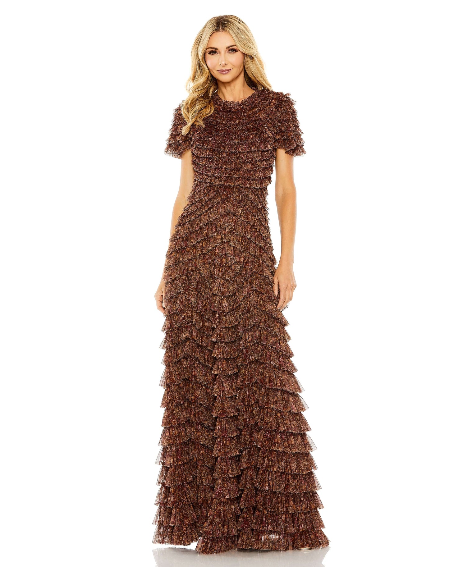 Mac Duggal Style#8042, Ruffle Tiered High Neck Dress, A line,Floor Length,Newest Arrivals,Ruffles,Short Sleeve, $1100.00